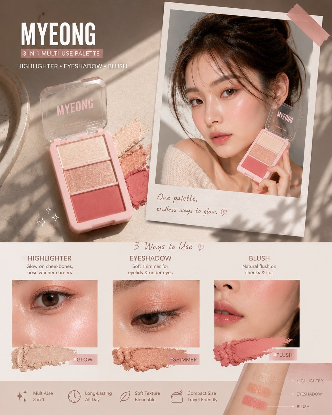 myeong KOREAN MAKEUP 3-IN-1 FACE EYESHDAOW AND BLUSH, HIGHLIGHTER PALETTE-picture-28