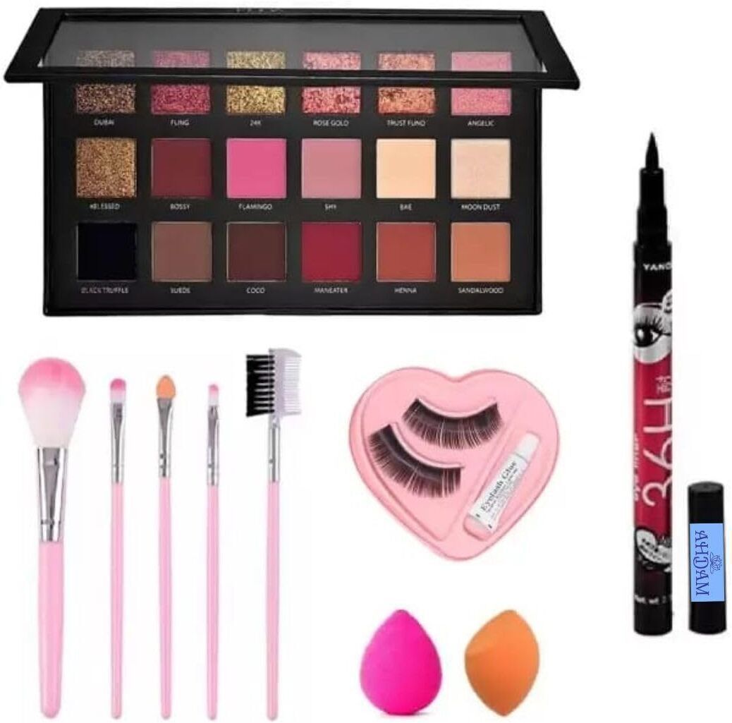 Rose Gold Eyeshadow Palette, Makeup Brushes, Eyelashes, Sponge & 36H Eyeliner-image-11