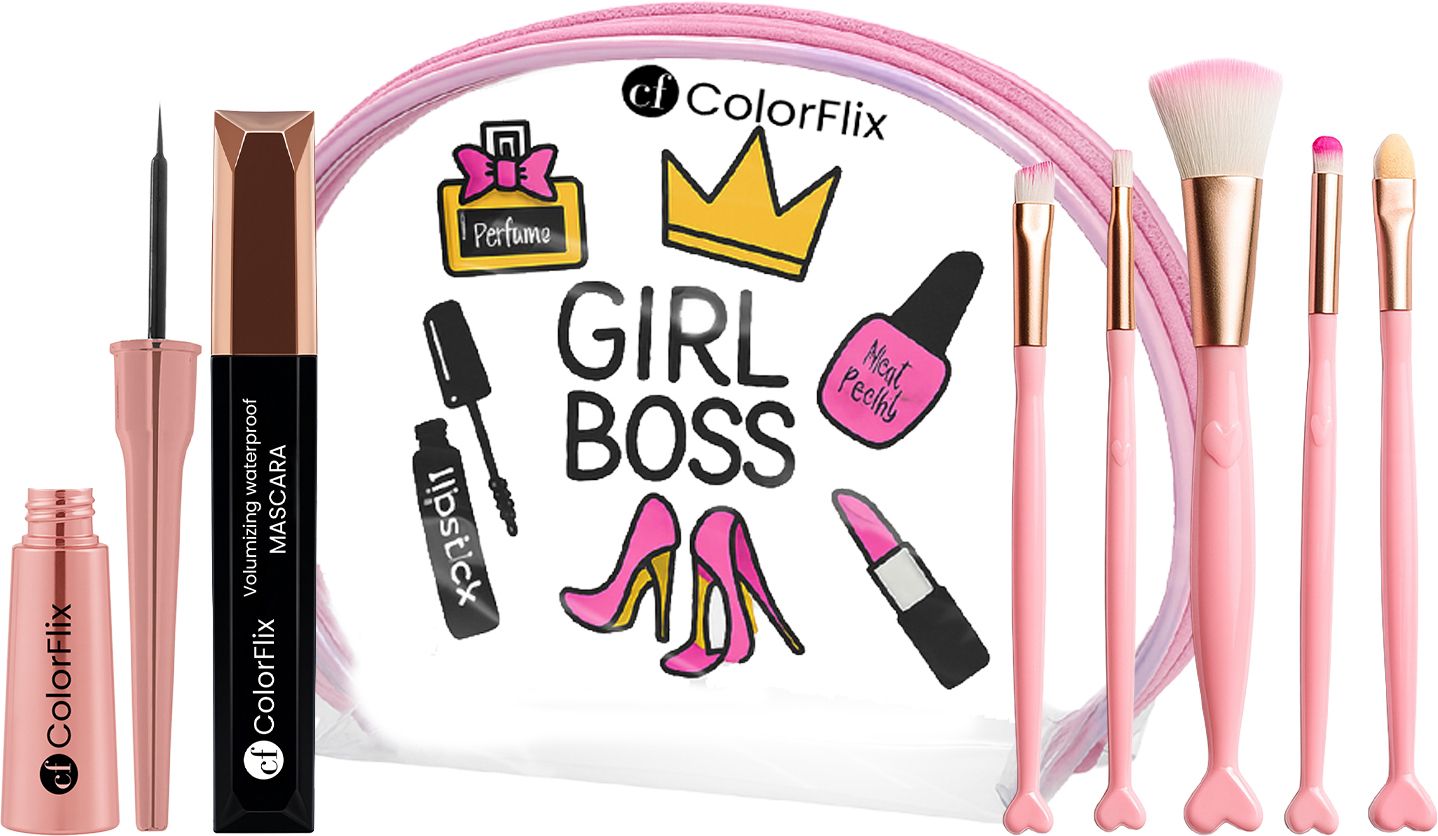 Mini Makeup Kit – Eyeliner, Mascara, 5 Pink Brushes & Pouch-image-16