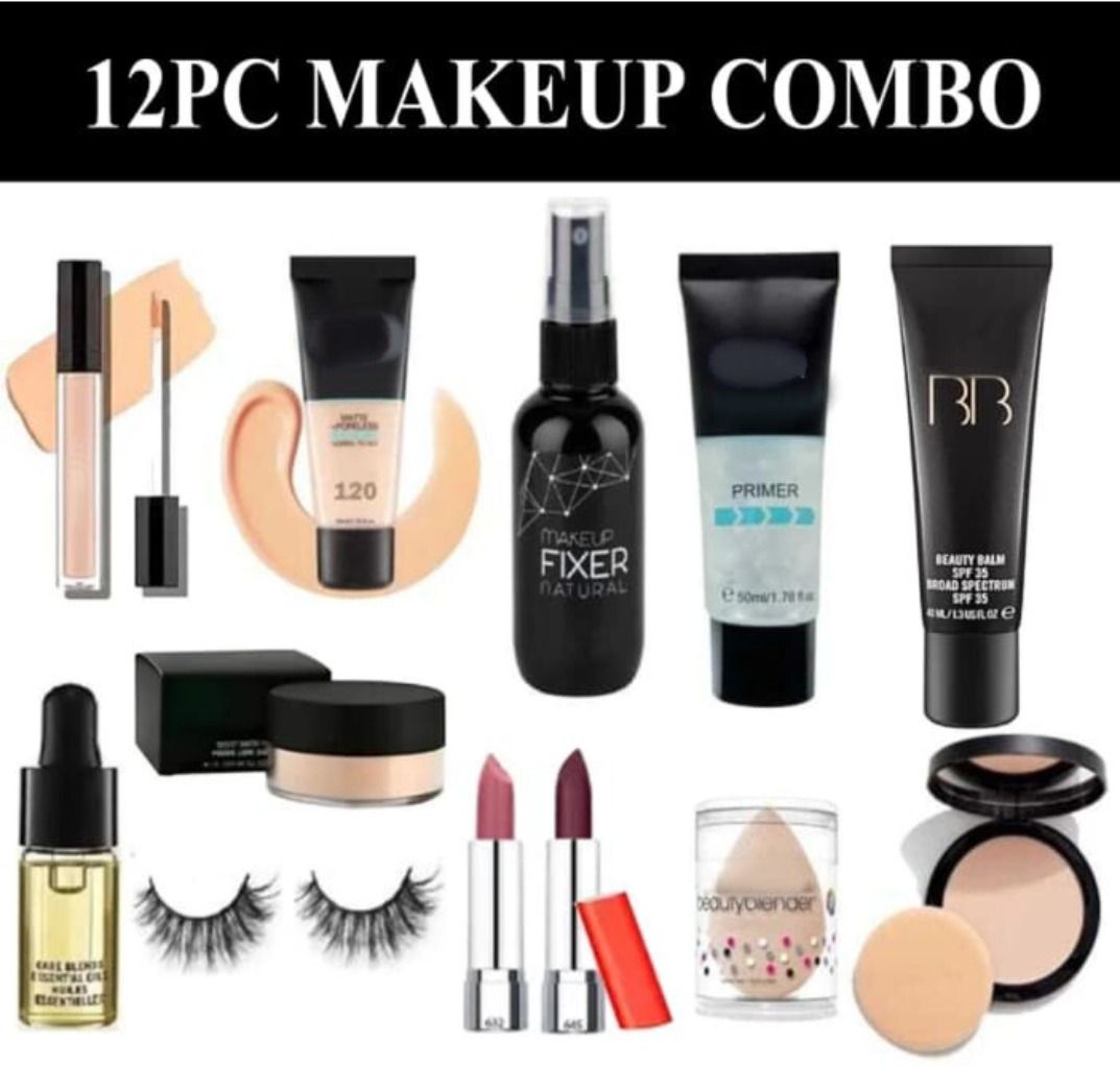 makeup kit of fixer primer foundation compact concealer loose powder serum & puf-image-5