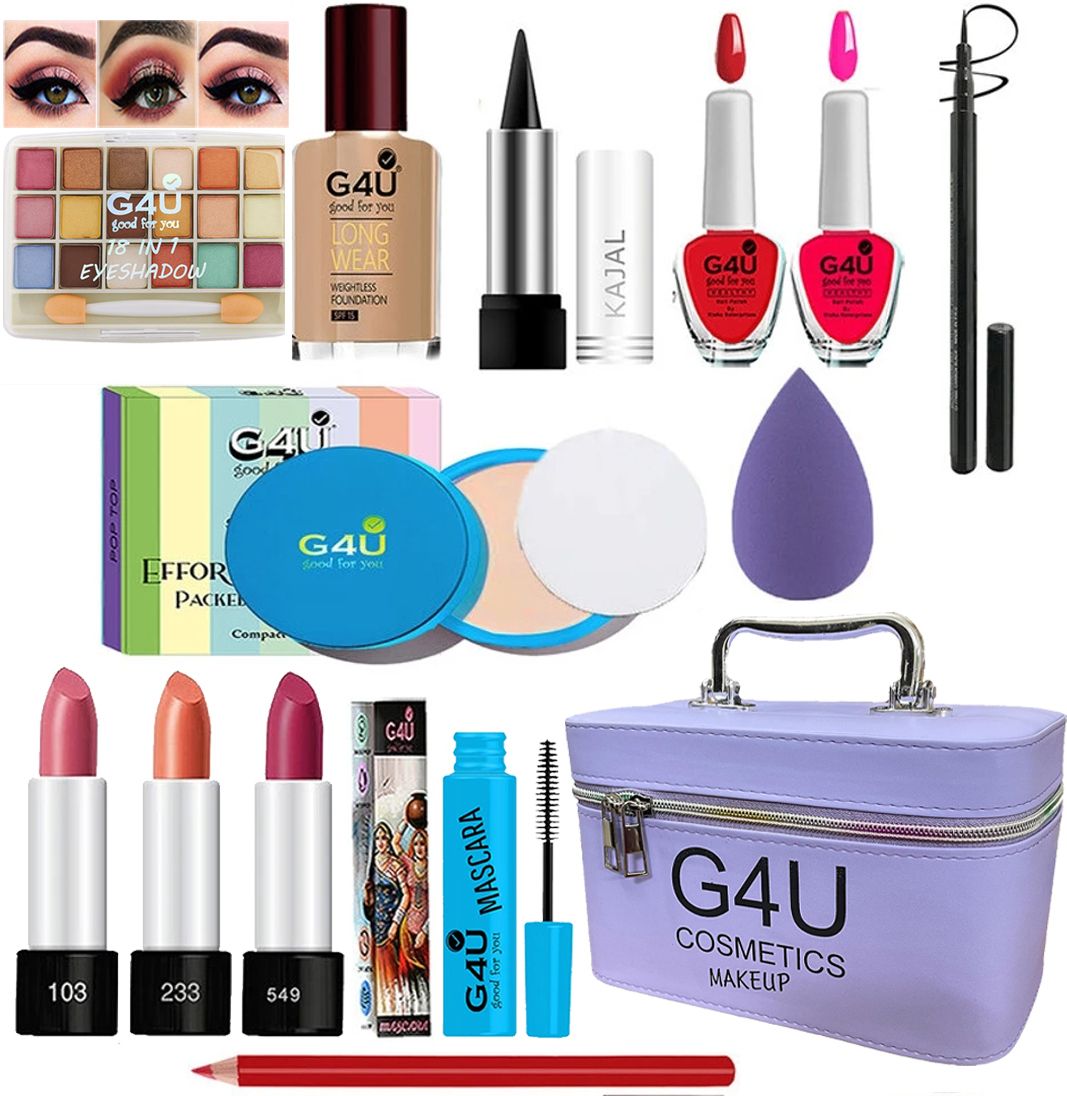 All in One Makeup Kit Gift Set,High Quality Eyeshadow, Waterproof Black Eyeliner Pen,Foundation, 3 Lipsticks,Kajal,Lip Liner,Puff,Mascara, 2 nail Polish,Compact ,Perfect for Party makeup Casual makeup Wedding makeup With Makeup Box (Set Of 18Pcs) ST 69-image-37