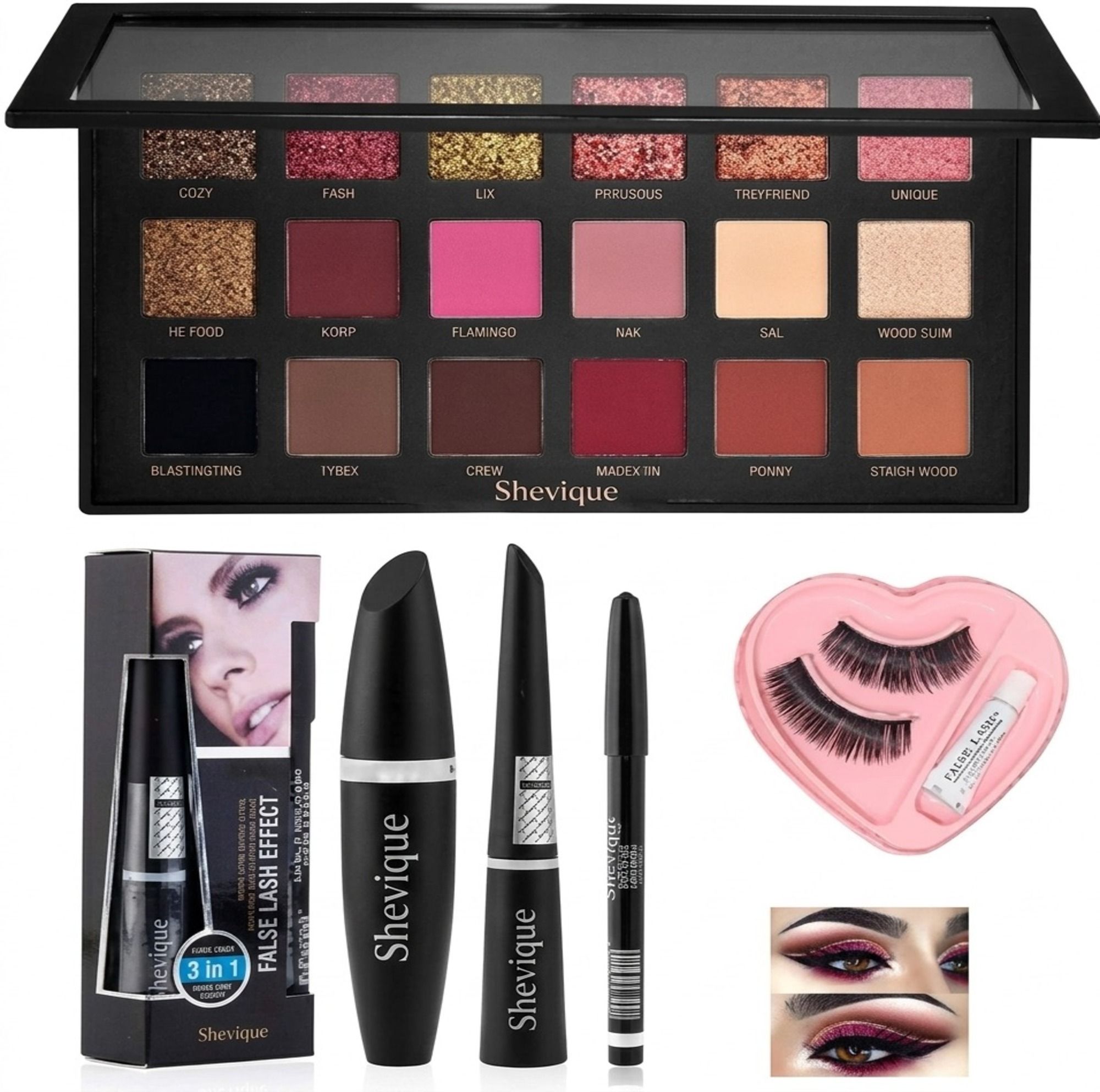 shevique Rose gold Eyeshadow with 3 in 1 mascara and eyelashes combo-picture-26