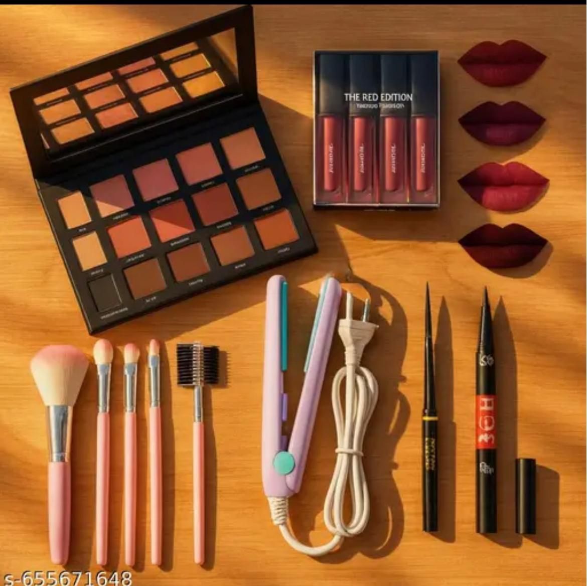 7 in 1 Makeup Combo Kit-eyeshadow+redmini+straightener+5brush+ads+eyeliner-image-31