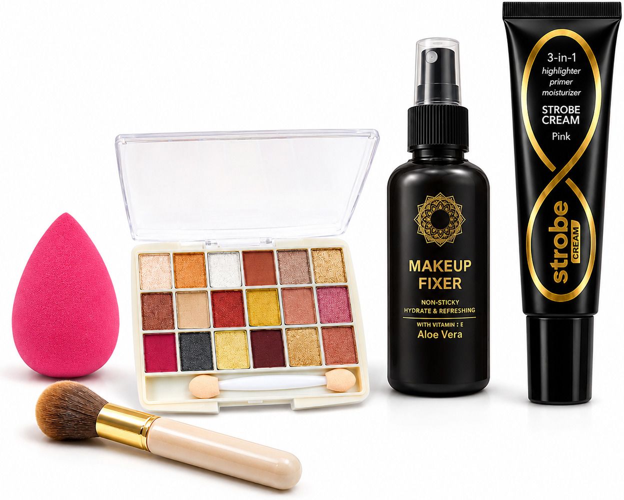 Complete Makeup Kit Eyeshadow Palette Strobe Cream Fixer Brush Blender-image-7