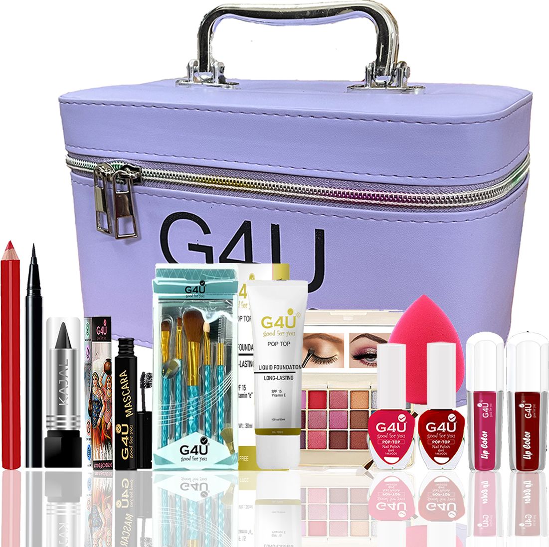 All in One Makeup Kit Gift Set,Fab 5 (5 in 1) Lipstick, High Quality Eyeshadow, Waterproof Black Eyeliner Pen,Cream,Kajal,Lip Liner,Puff,Mascara, 2 nail Polish,5 Makeup Brush Perfect for Party makeup Casual makeup Wedding makeup With Makeup Box (Set Of 16Pcs)-image-4