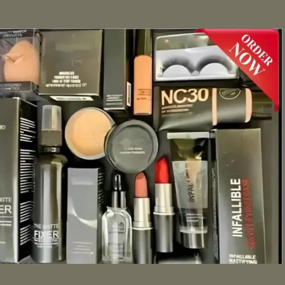 makeup kit of fixer primer foundation concealer serum loose powder & eyelash puf