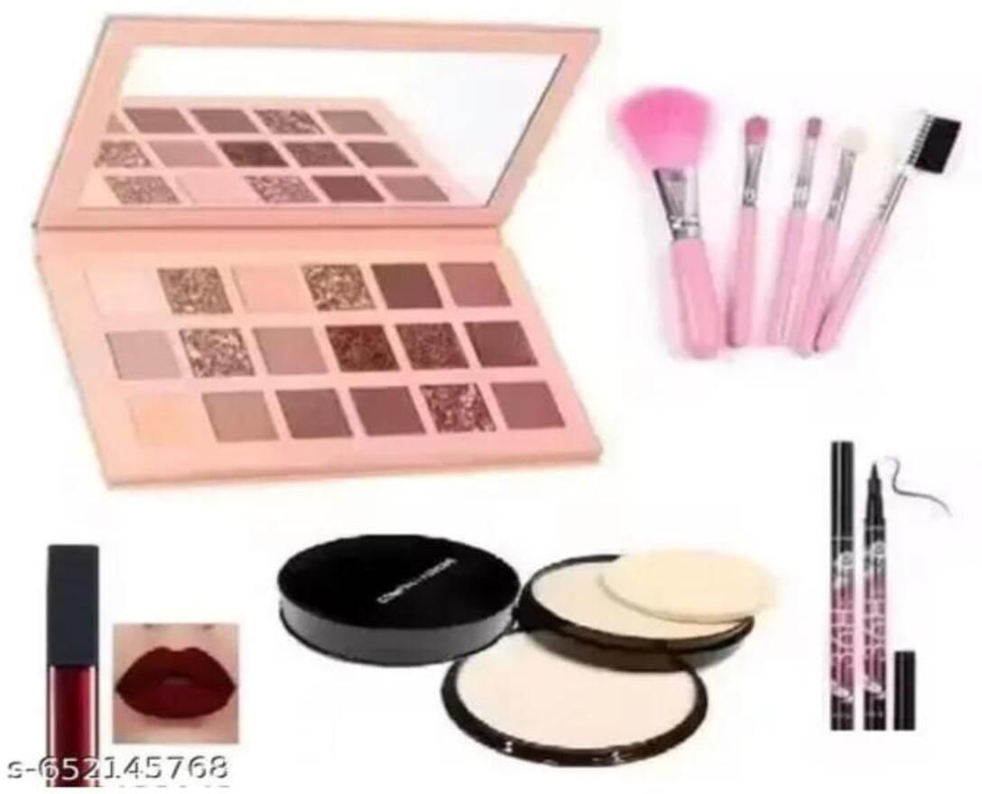Nude eyeshadow with 5 pcs brush, compact , 36hr & 1 lipstick combo-image-45