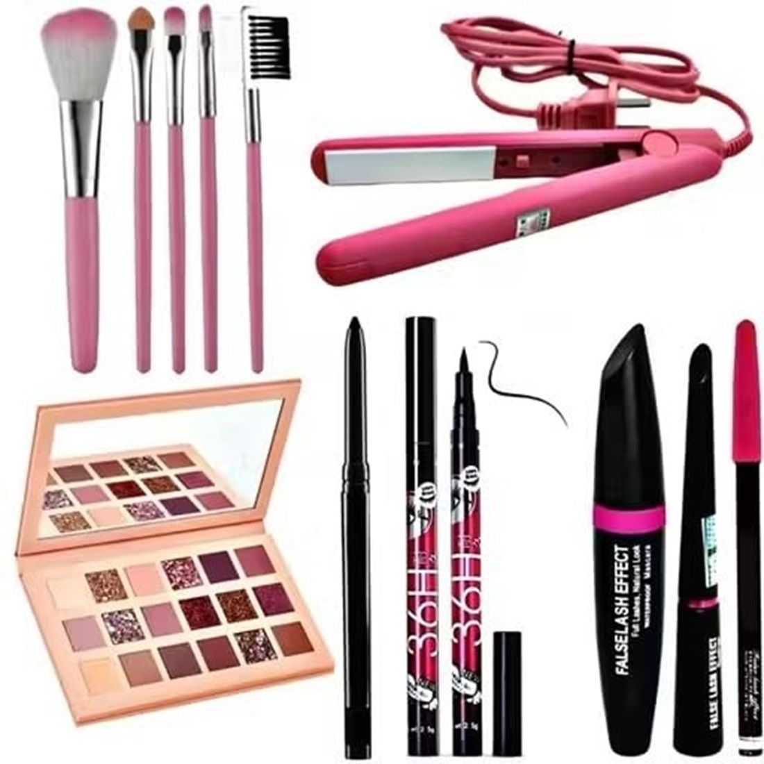Eyeshadow Palette + 3 in 1 Makeup Kit + 5 Pcs Brush Set + Straightener +Kajal-image-22