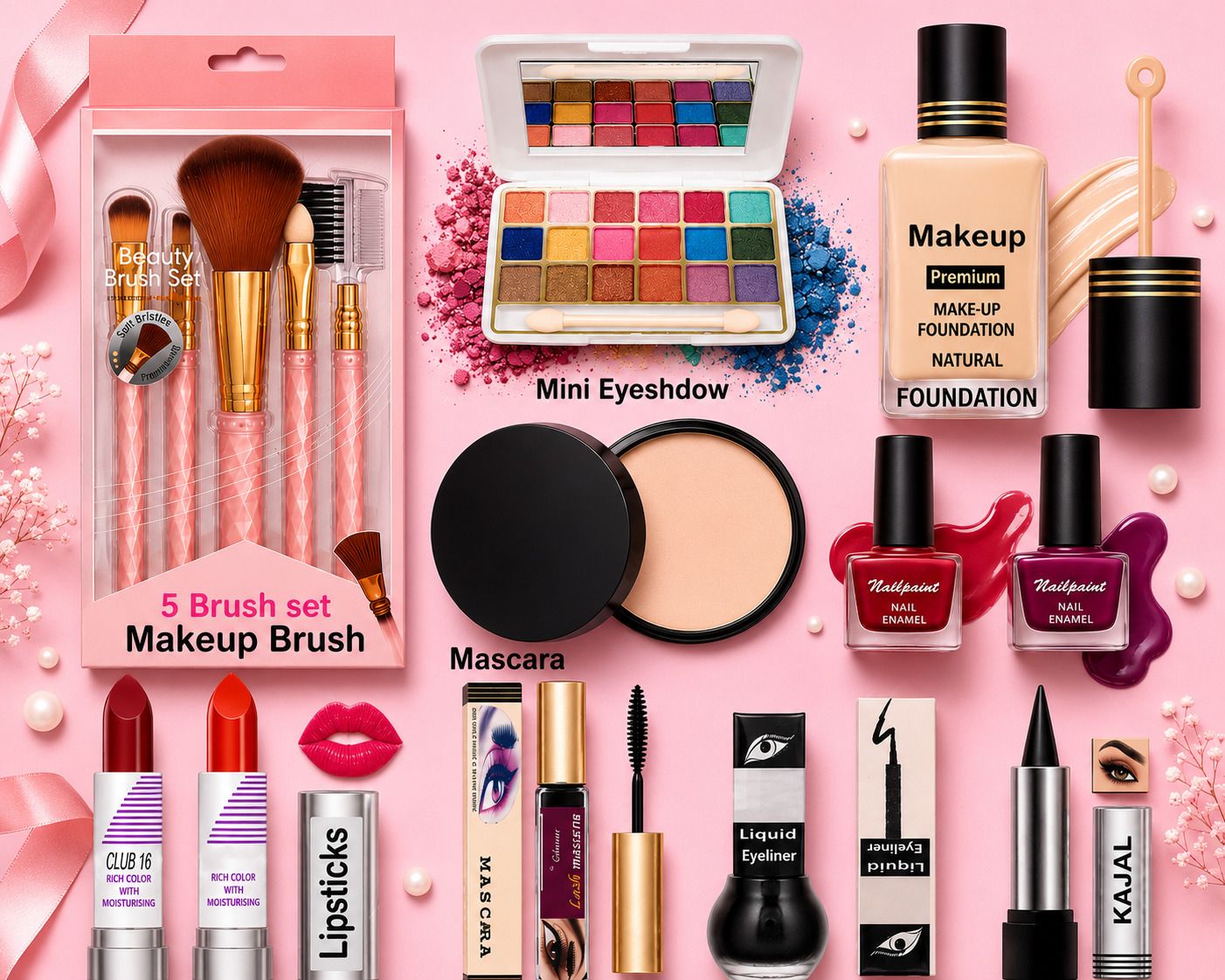 coslane Makeup Essentials Kit | Eyeshadow, Lipstick, Eyeliner, Kajal & Brushes-picture-31