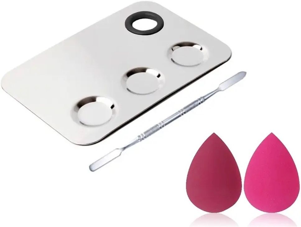 crazzyshopperz 3-Wells Stainless Steel Makeup Mixing Palette & Beauty Blender-picture-19