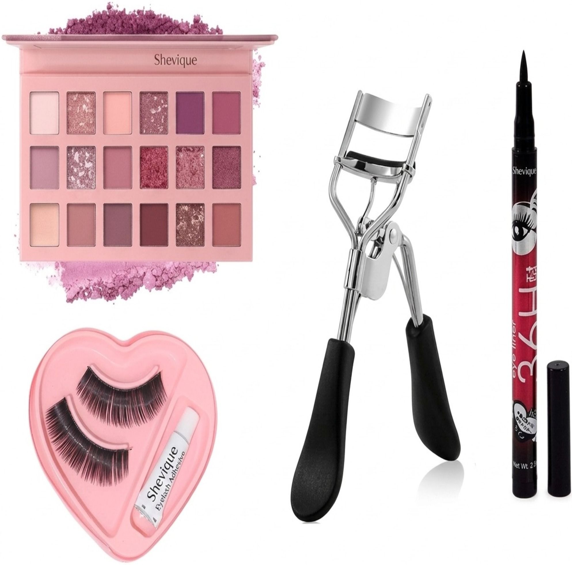 shevique Nude eyeshadow ,Long lasting eyeliner , fake eyelashes & curler combo-picture-0