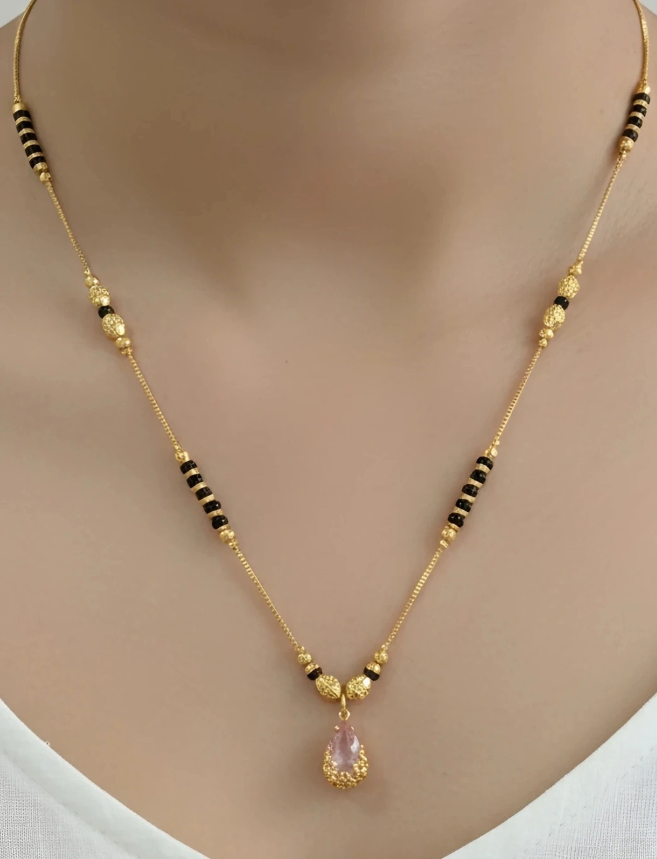 Micro Gold Plated Glass white Tear Drop Pendant Short Mangalsutra For Women Brass Mangalsutra-image-33