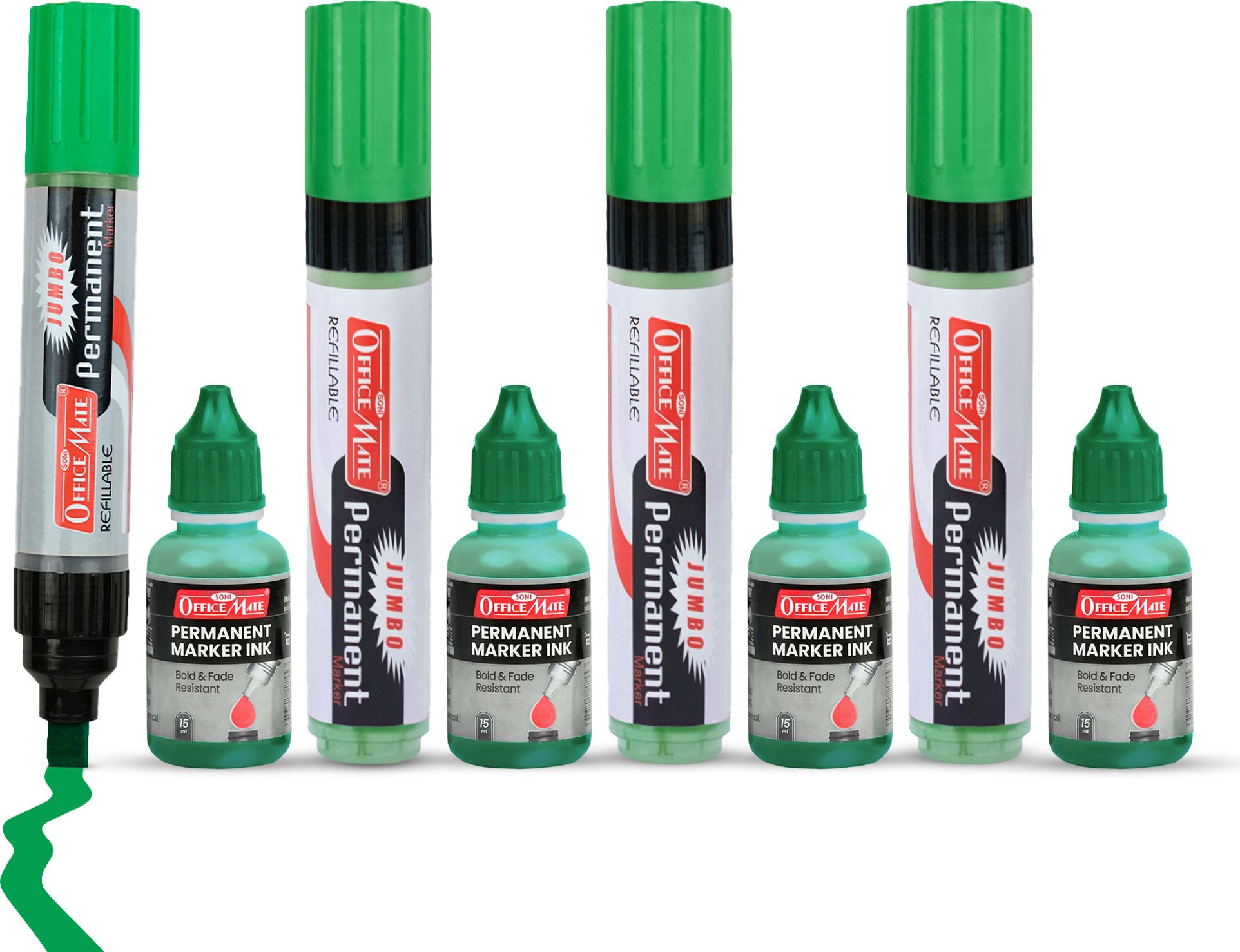 soni officemate Jumbo Permanent Marker Combo Green 4 Jumbo Markers + 4 Marker Ink Pack of 1-picture-39