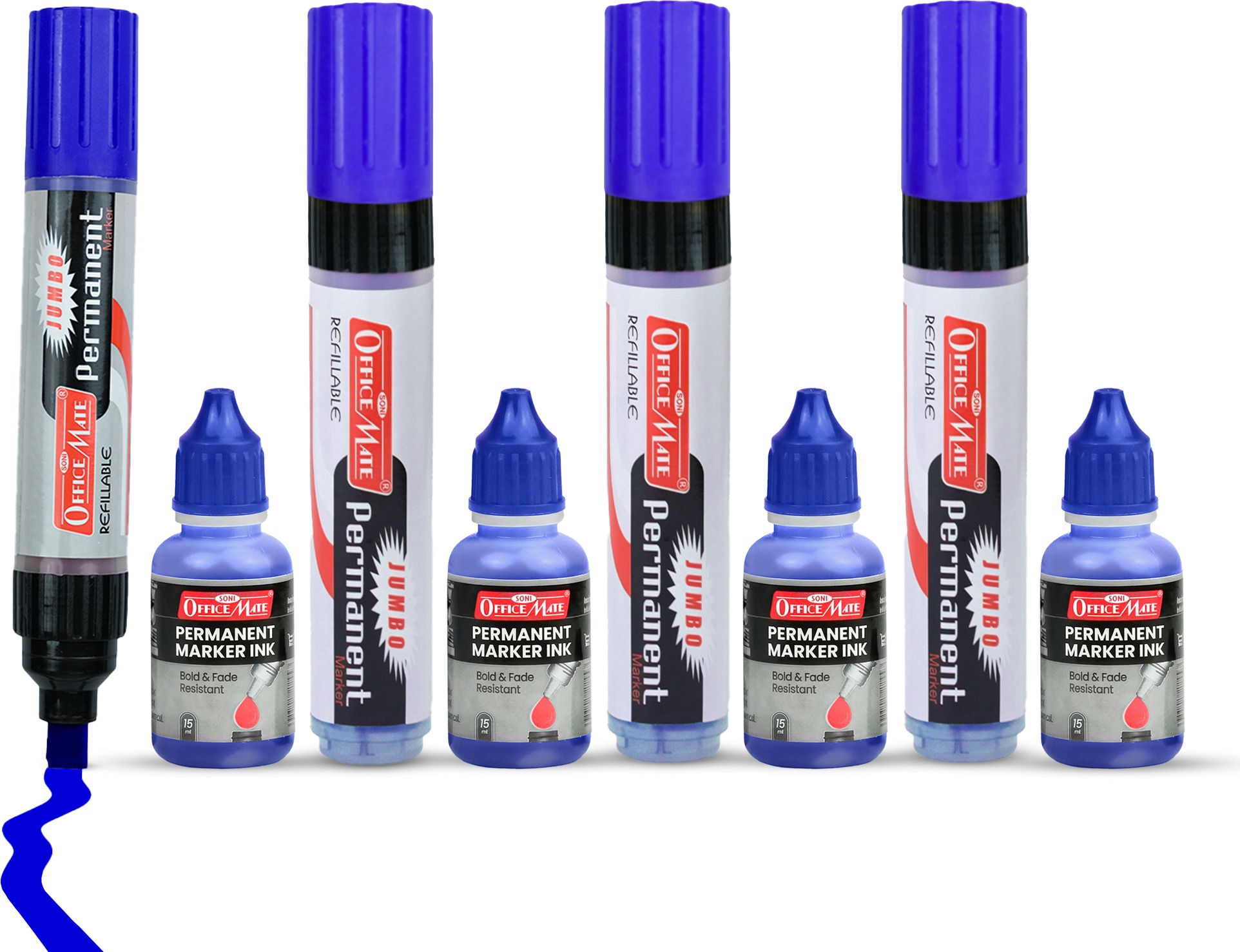 soni officemate Jumbo Permanent Marker Combo Blue 4 Jumbo Markers + 4 Marker Ink Pack of 1-picture-33