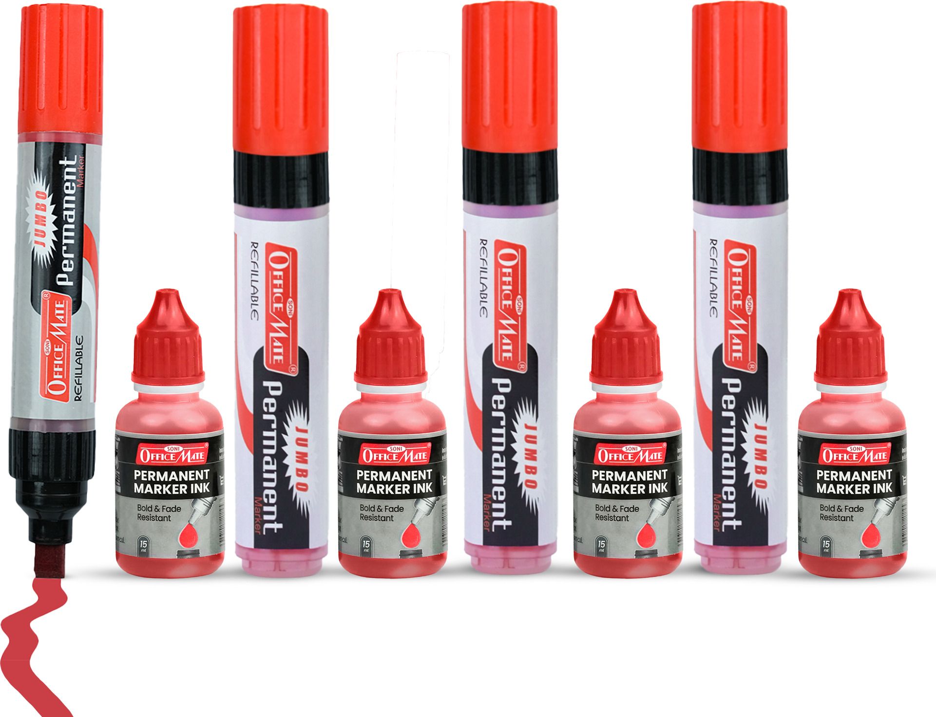 soni officemate Jumbo Permanent Marker Combo Red 4 Jumbo Markers + 4 Marker Ink Pack of 1-picture-25