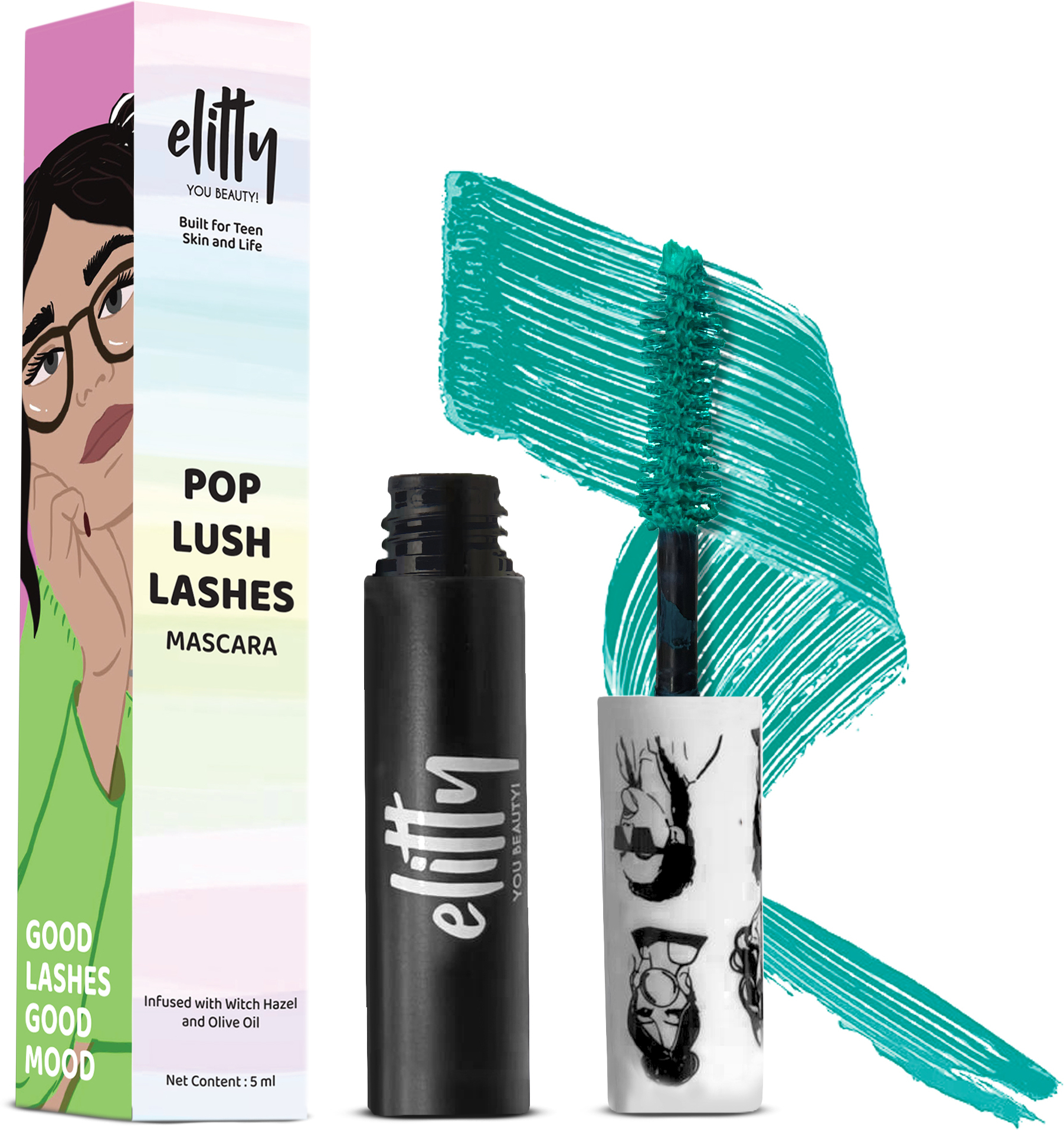 Elitty Pop Colored Lush Lashes Mascara Waterproof, Smudge proof, Curling and lengthening, Turquoise Color, Queen Energy