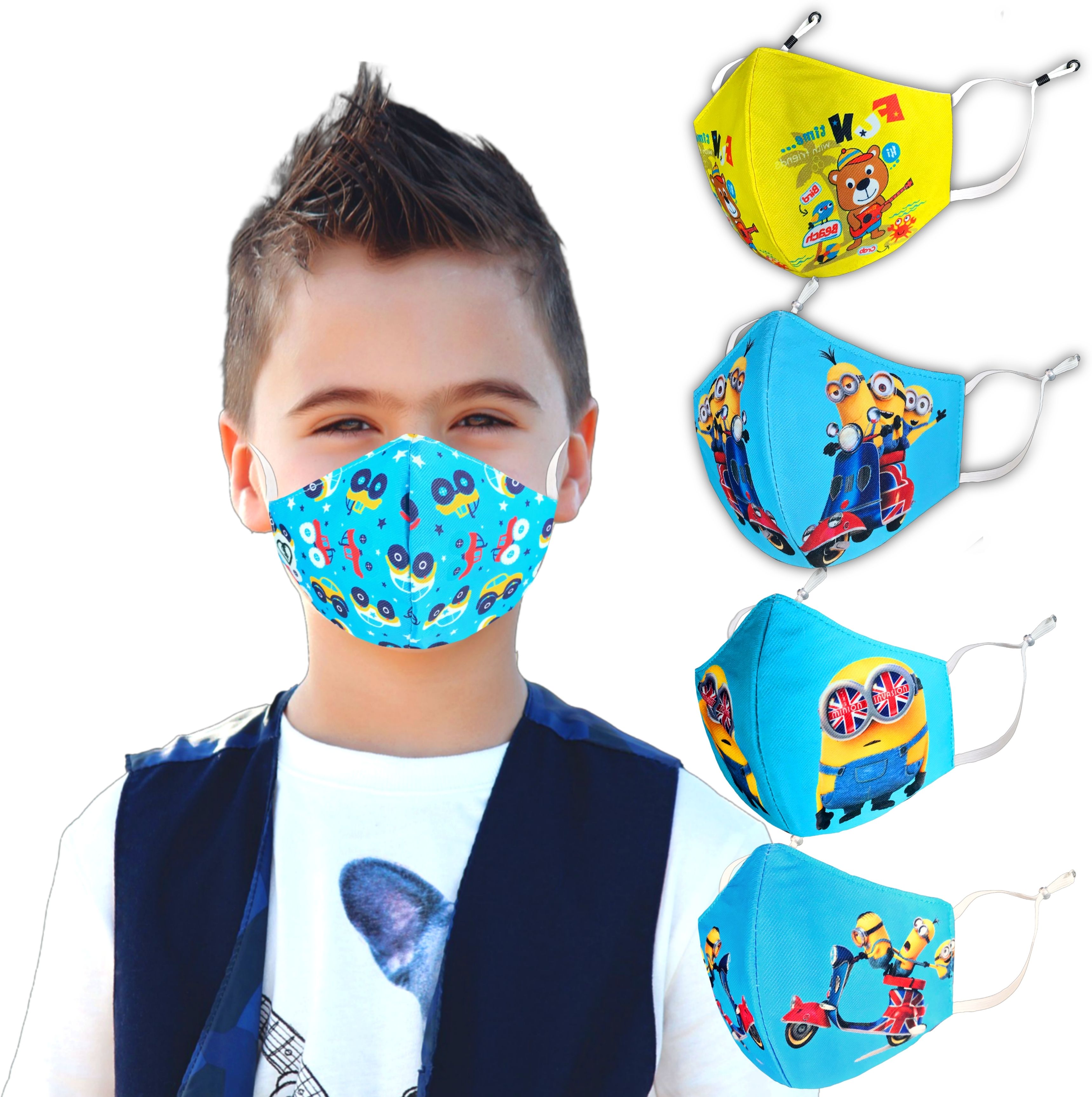 SUPER SAFETY 3 Layer cartoon print kids mask with Adjustable Ear loops Pack Of 5 DP-10 Digital Print Reusable, Washable Cloth Mask-image-28