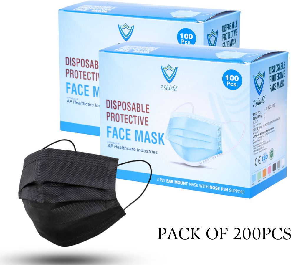 7shield CE and ISO Certified Face Mask with Nose clip and soft ear loops 3PLY Water Resistant Surgical Mask Black 3 ply disposable filter protection breathable dust proof Water Resistant Surgical Mask Mfg By :-AP Health Care 200 Pieces Black 3 ply disposable filter protection breathable dust proof Water Resistant Surgical Mask-picture-11