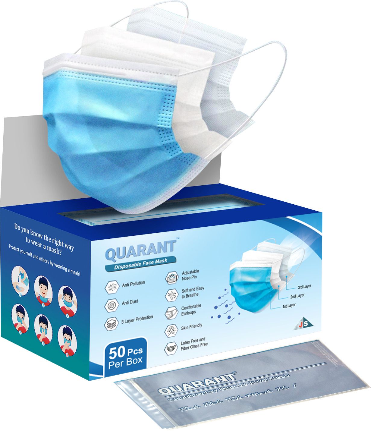 3 Ply Disposable Face Mask with Nose Clip & Travel Pouch PFM Water Resistant Cloth Mask With Melt Blown Fabric Layer-image-8