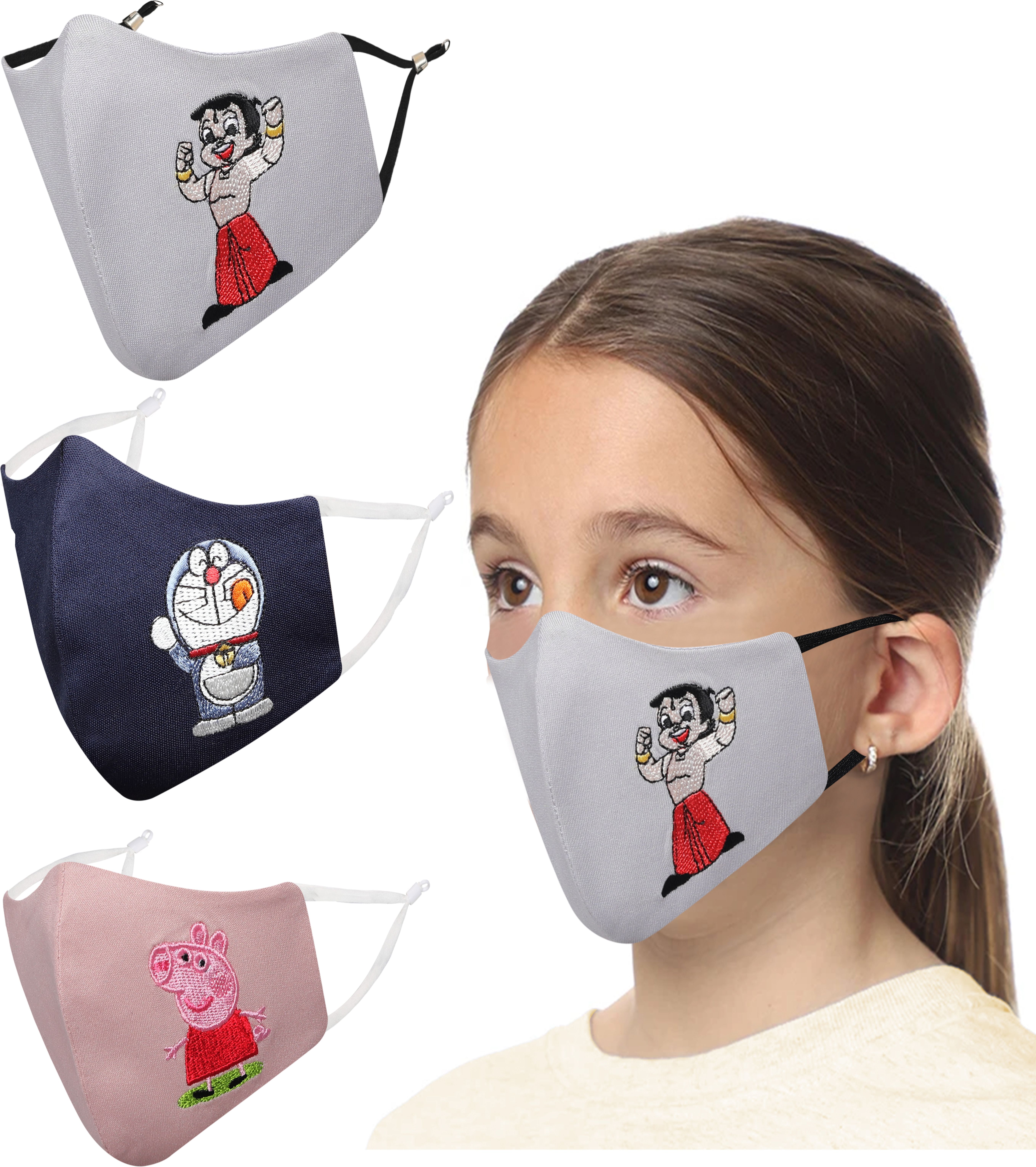 masq ANIMATION Anti-Pollution, Anti-Bacterial (BFE>99%) 4 Layer Embroidered, Designer, Trendy, Fashionable & Protective Cotton Cloth Face Mask for Kids each with Lanyard & Ear Adjusters (2-6 Years)(X-Small, Navy Blue-Grey-Pink, Pack of 3) EY_Animation_Combo_03 Reusable, Washable Cloth Mask-picture-27