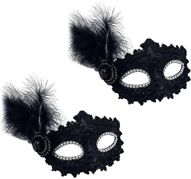 patpat Black Lace Masquerade Masks Set for Women with Feather and Floral Details Party Mask-picture-6