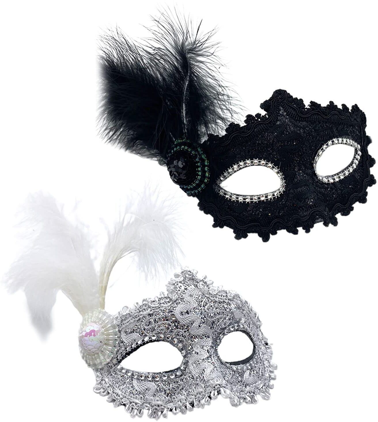 2 Pcs Masquerade Mask Women Venetian Feather Mask Halloween Party Cosplay Party Mask