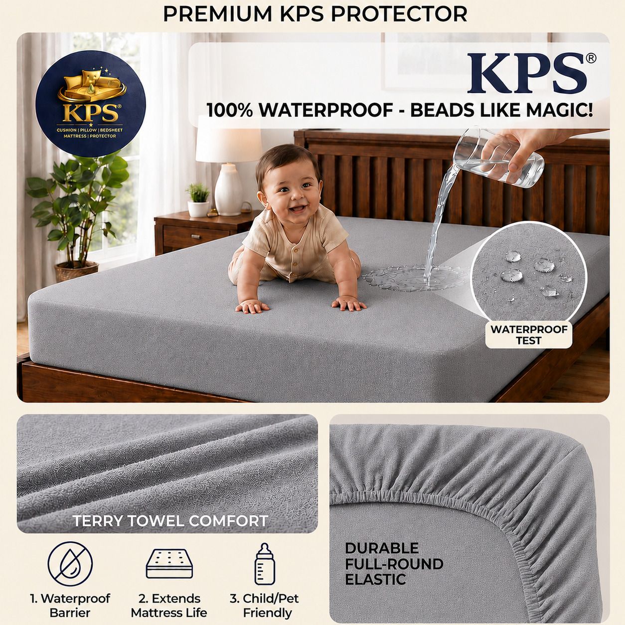 KPS King Size Elastic Strap Cotton Waterproof Mattress Cover-picture-27