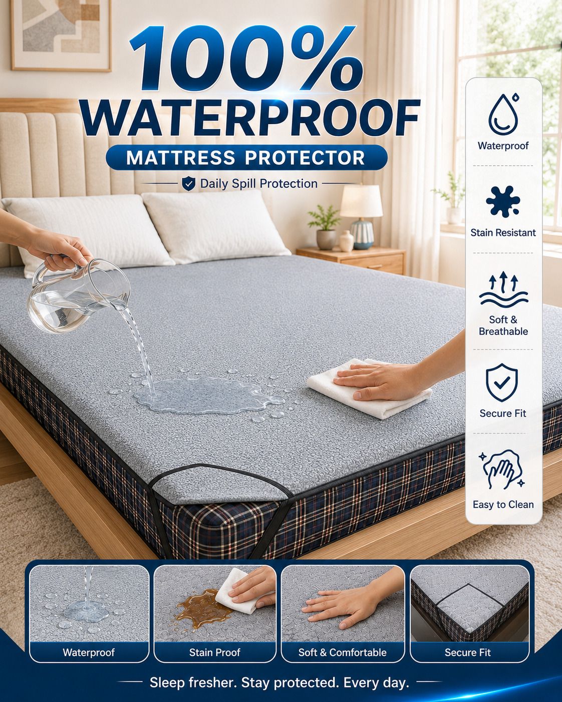 CPG SOFT Single, King Size Elastic Strap Polyster Waterproof Mattress Cover-image-25