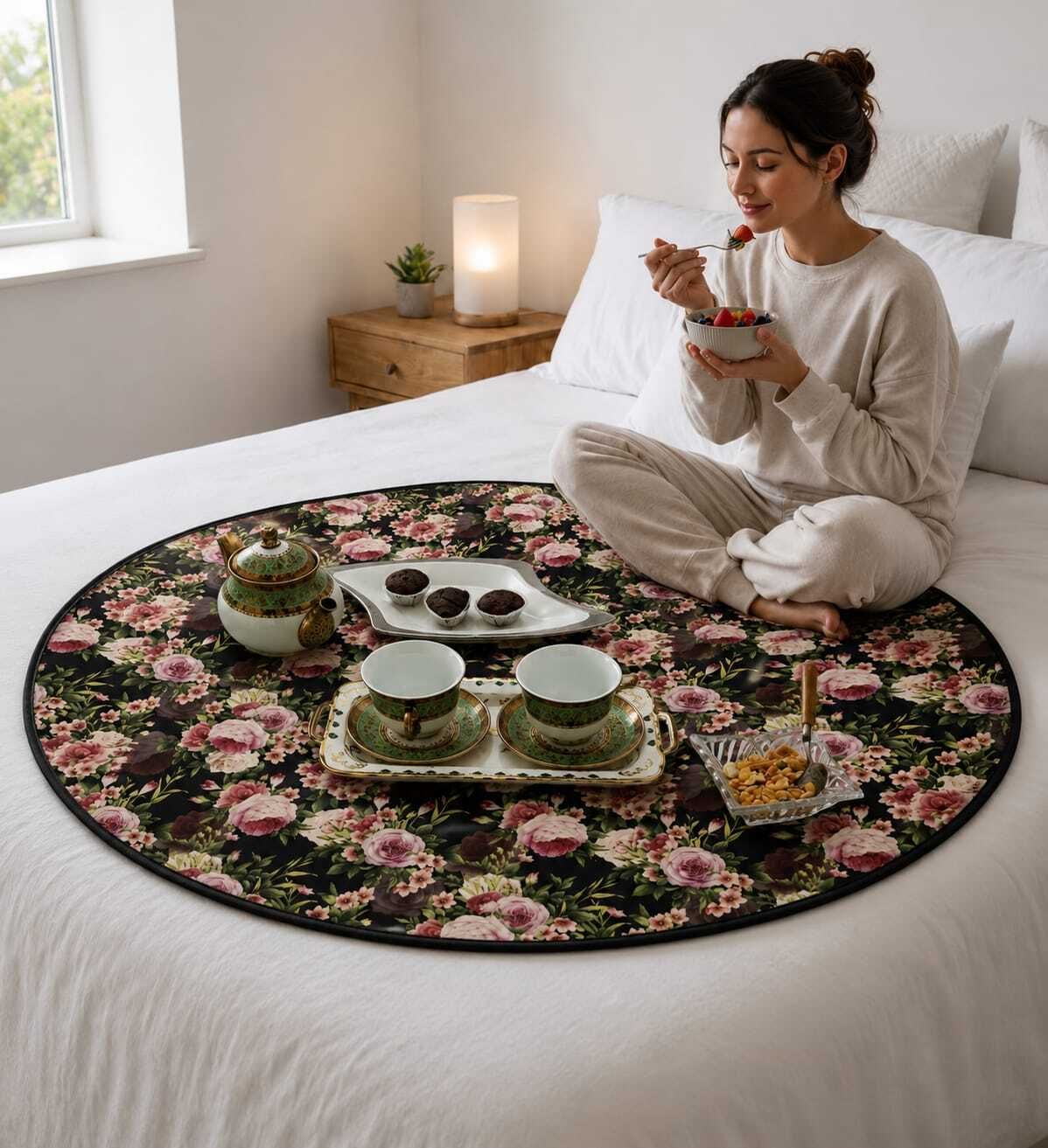 jmt Round Shape Reversible Bed Server/Food Mat/Bedsheet Protector (Black Rose Print)-picture-28