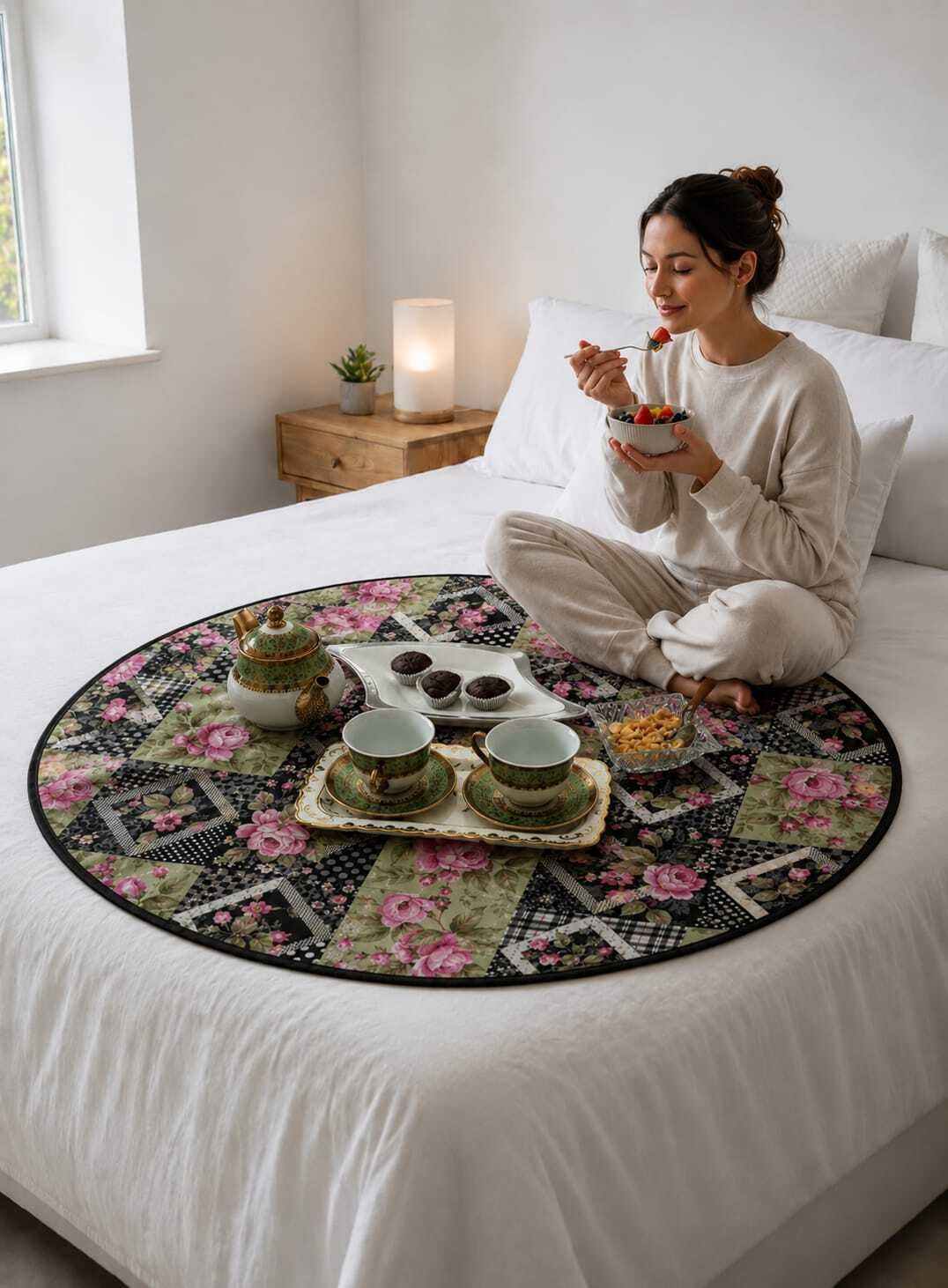 Round Shape Reversible Bed Server/Food Mat/Bedsheet Protector (Hara Check Print)-image-40
