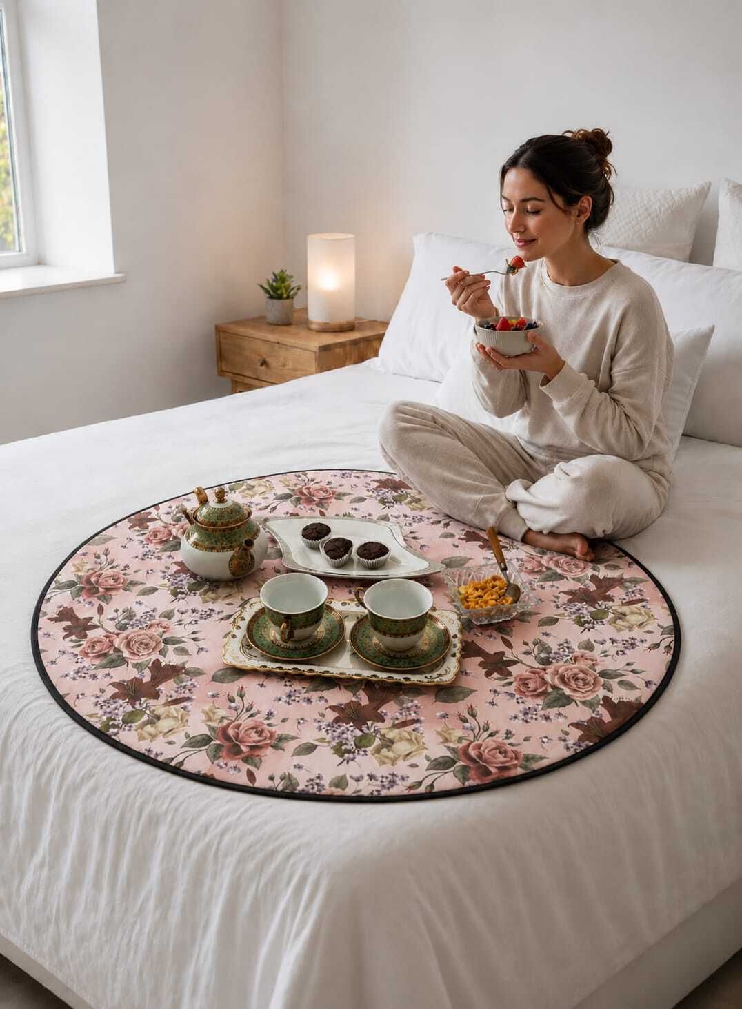jmt Round Shape Reversible Bed Server/Food Mat/Bedsheet Protector (Pink Rose Print)-picture-19