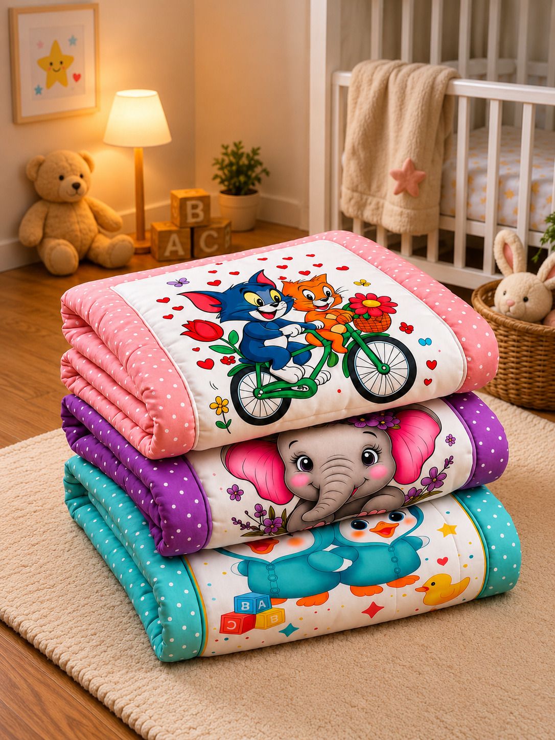 Cartoon Design Baby Quilt Set of - (3) | Soft Cotton Sleeping Mattress |-image-26