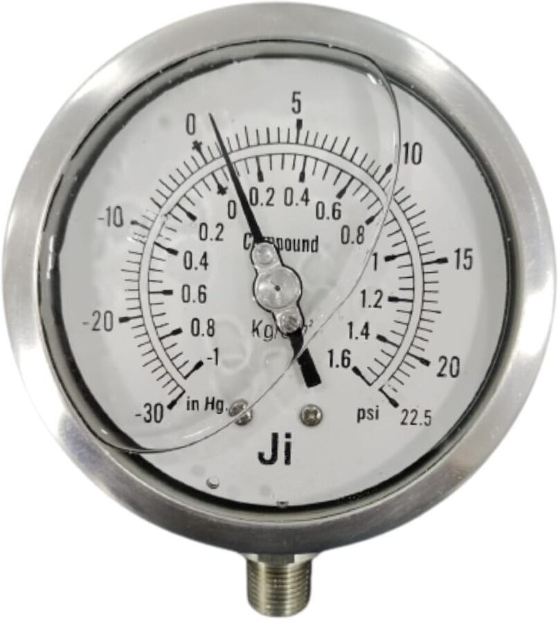 japsin instrumentation Compound Gauge, 4" Dial, -1 to 1.6 Kg/Cm2, Surface Bottom, 3/8" NPT (M) Conn Dial Indicator image 1