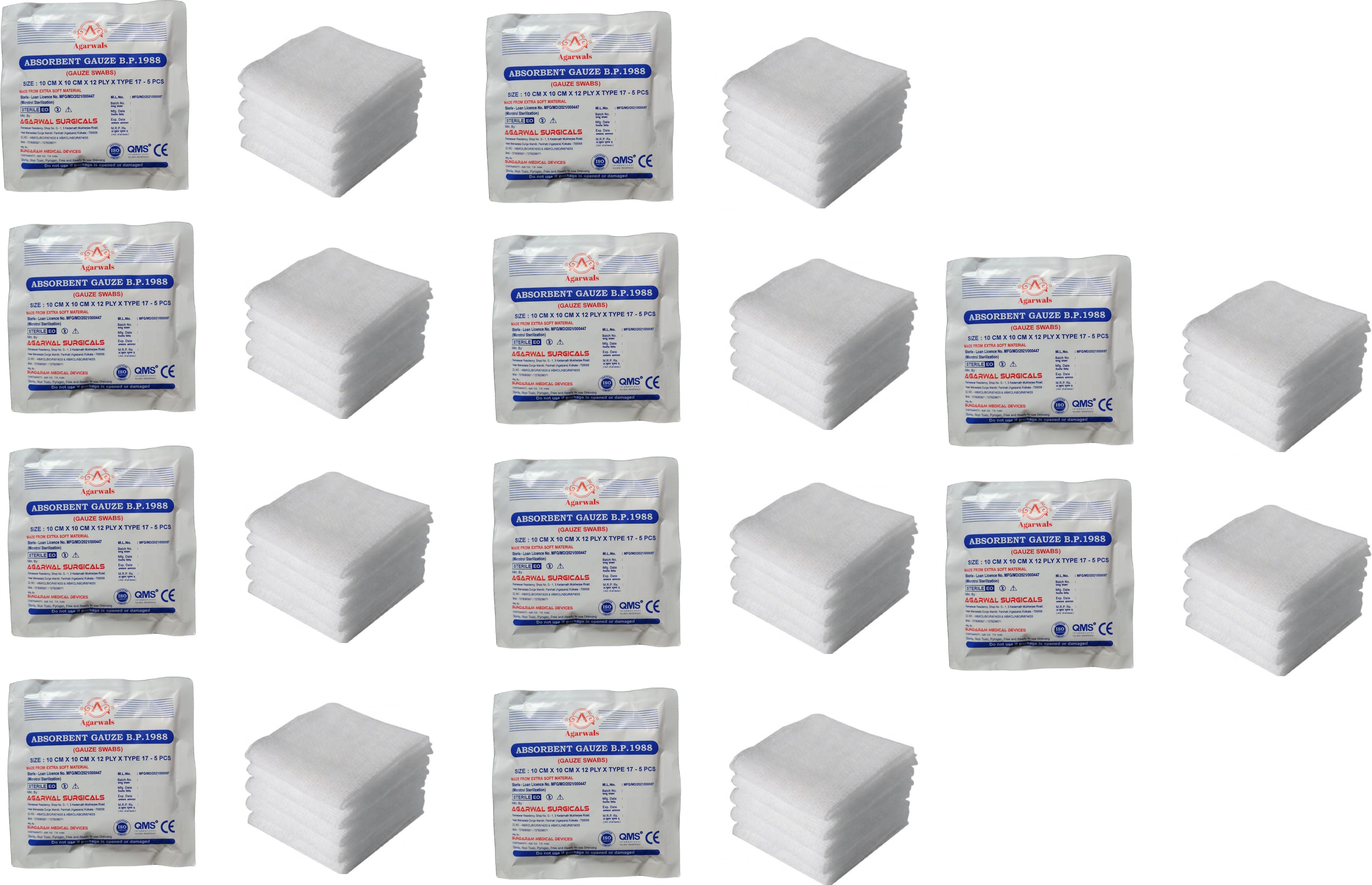 Absorbent Gauze Swabs Sterile 10 cm X 10 cm X 12 ply (5Pcs/Pack) - Pack of 10 Gauze Medical Dressing
