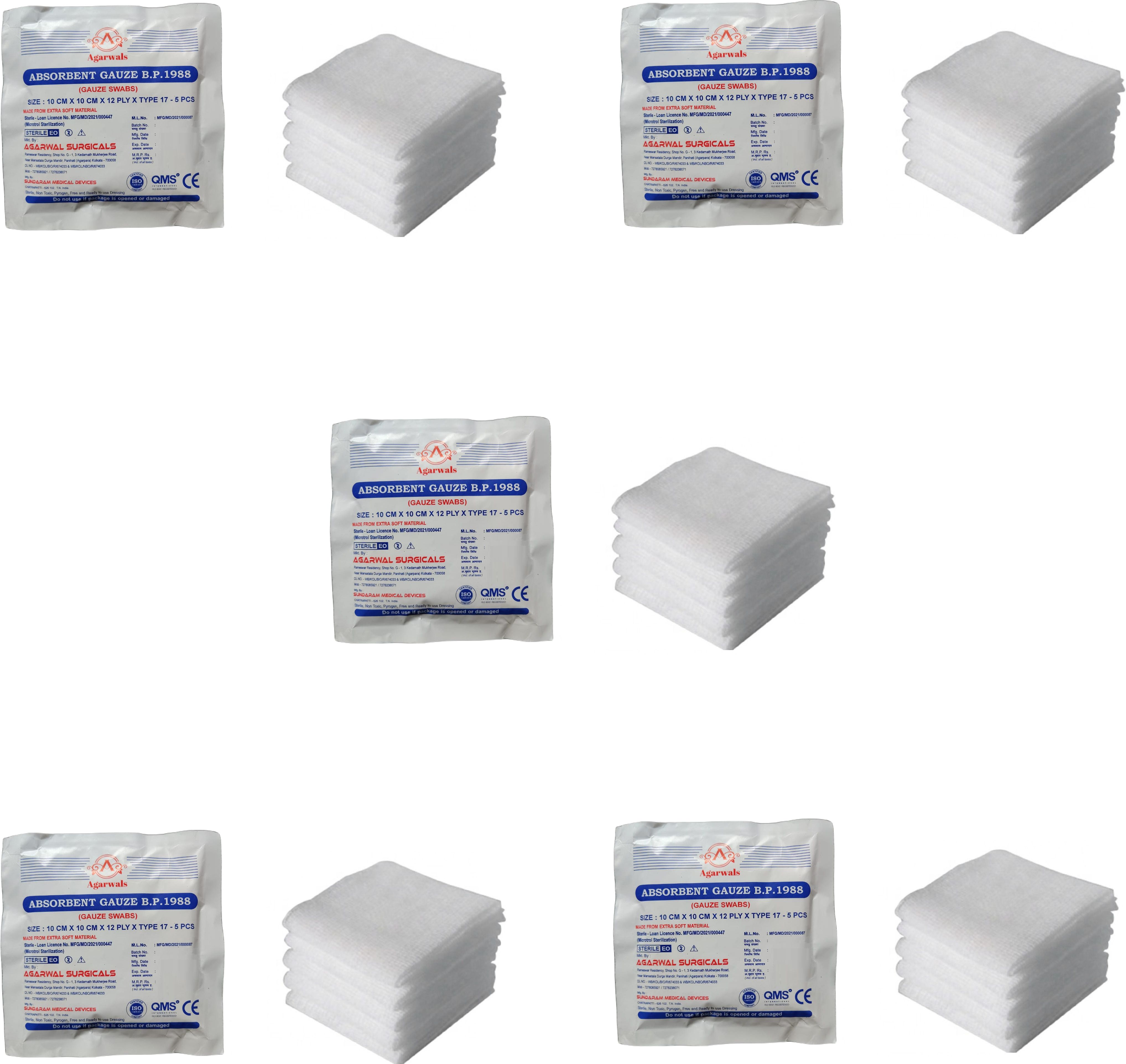 Absorbent Gauze Swabs Sterile 10 cm X 10 cm X 12 ply (5Pcs/Pack) - Pack of 5 Gauze Medical Dressing