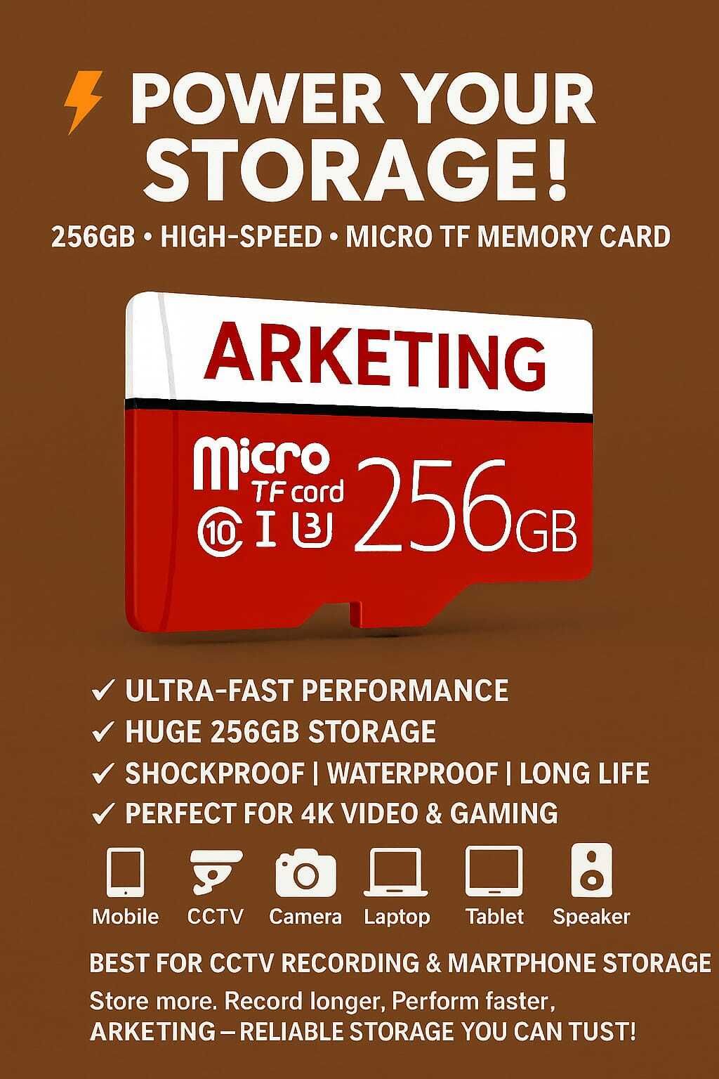 ARKETING TDVF256 TF256E 256 GB MMC Micro Card Class 10 120 MB/s Memory Card Compatible with Mobile, Tablet, Camera