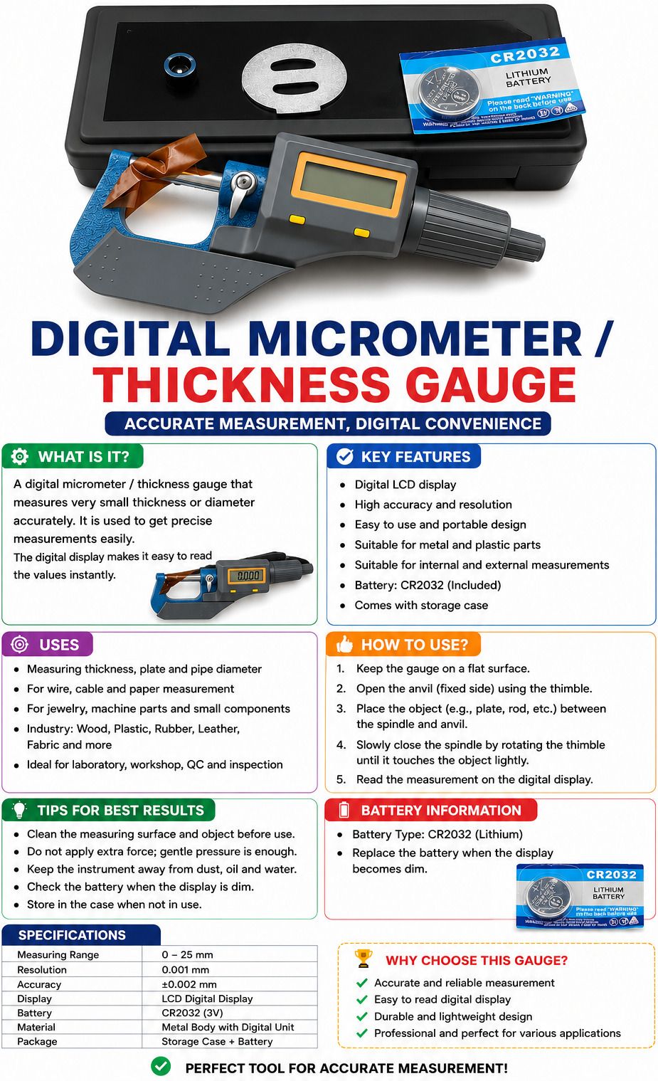 tech inspire Professional Digital Micrometer Thickness Gauge 0-25mm LCD Measuring Tool Micrometer Screw Gauge-picture-48