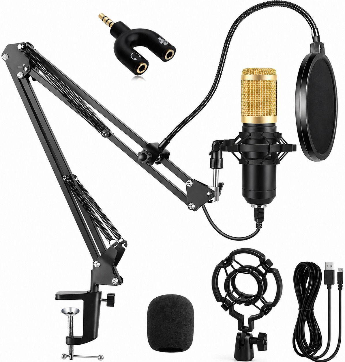 BM800 Podcasting Studio Condenser Microphone Set for Recording Singing Broadcast Microphone with Desktop Mic Stand, Pop Filter, Shock Mount, Audio Splitter-image-15