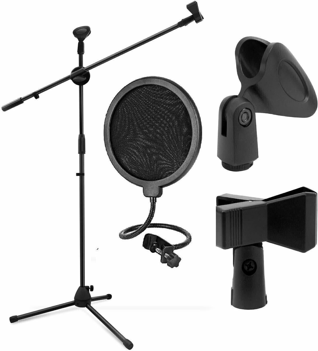 3 leg boom double microphone stand nb-200 adjustable mic stand with 2 mic clip holders & pop filter mike stand for bm800 condenser singing, speech, stage and studio recording na (black) microphone stand