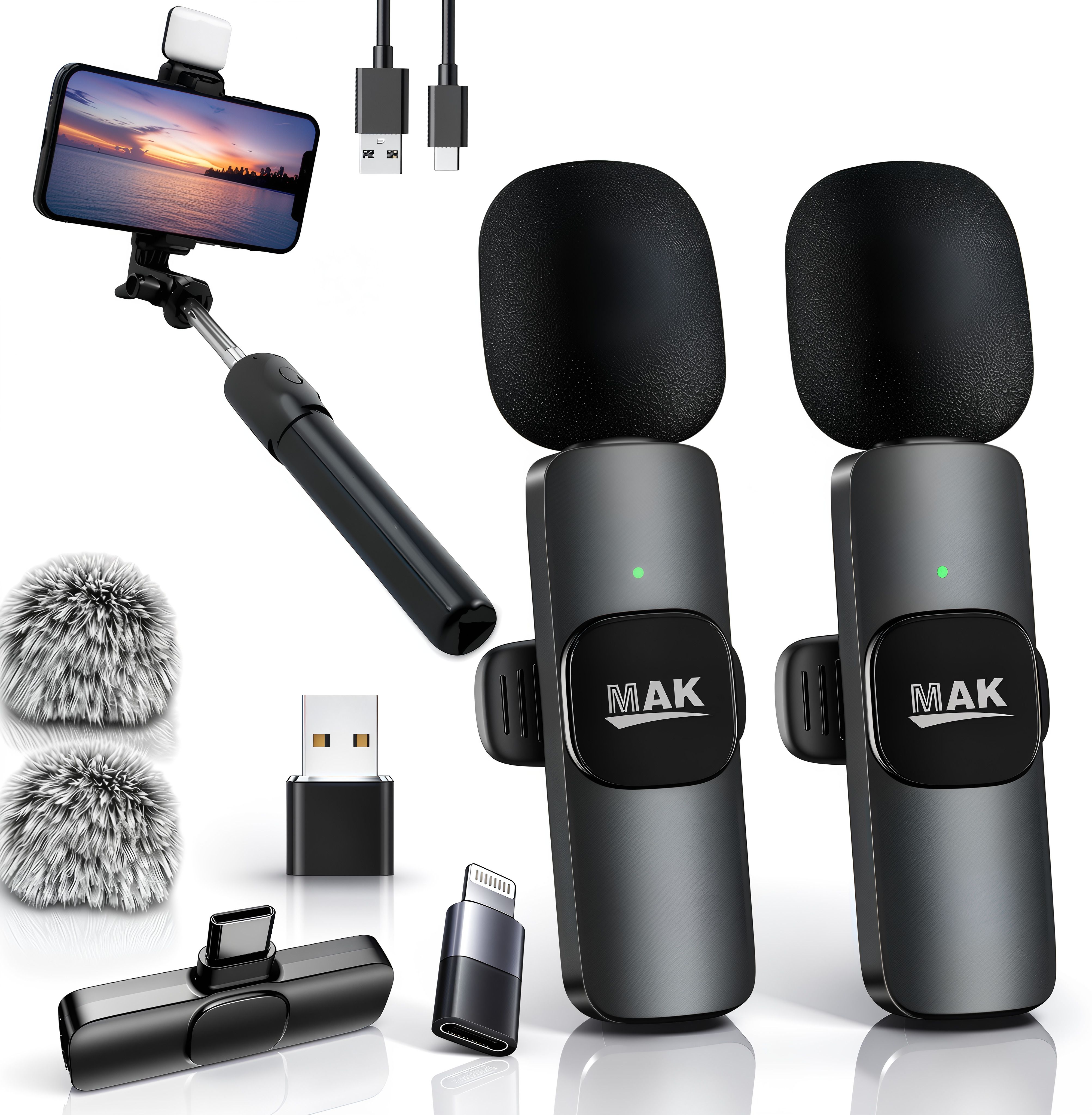 mak Dual Wireless Furry Mic with LED Selfie Stick for Content Creation Microphone-picture-23