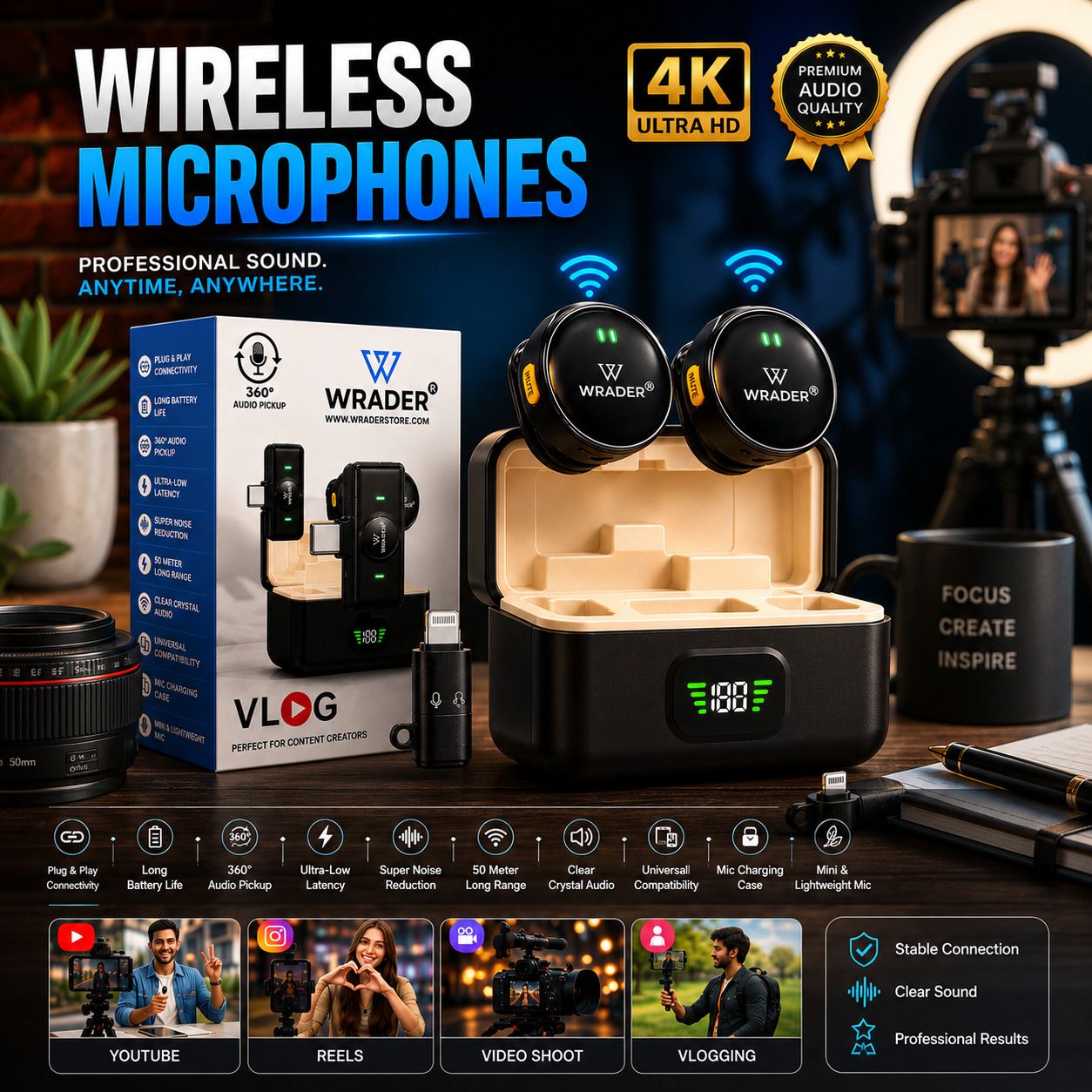 wrader Wireless Collar Mic with Charging Case, Noise Reduction Video Recording Microphone-picture-9