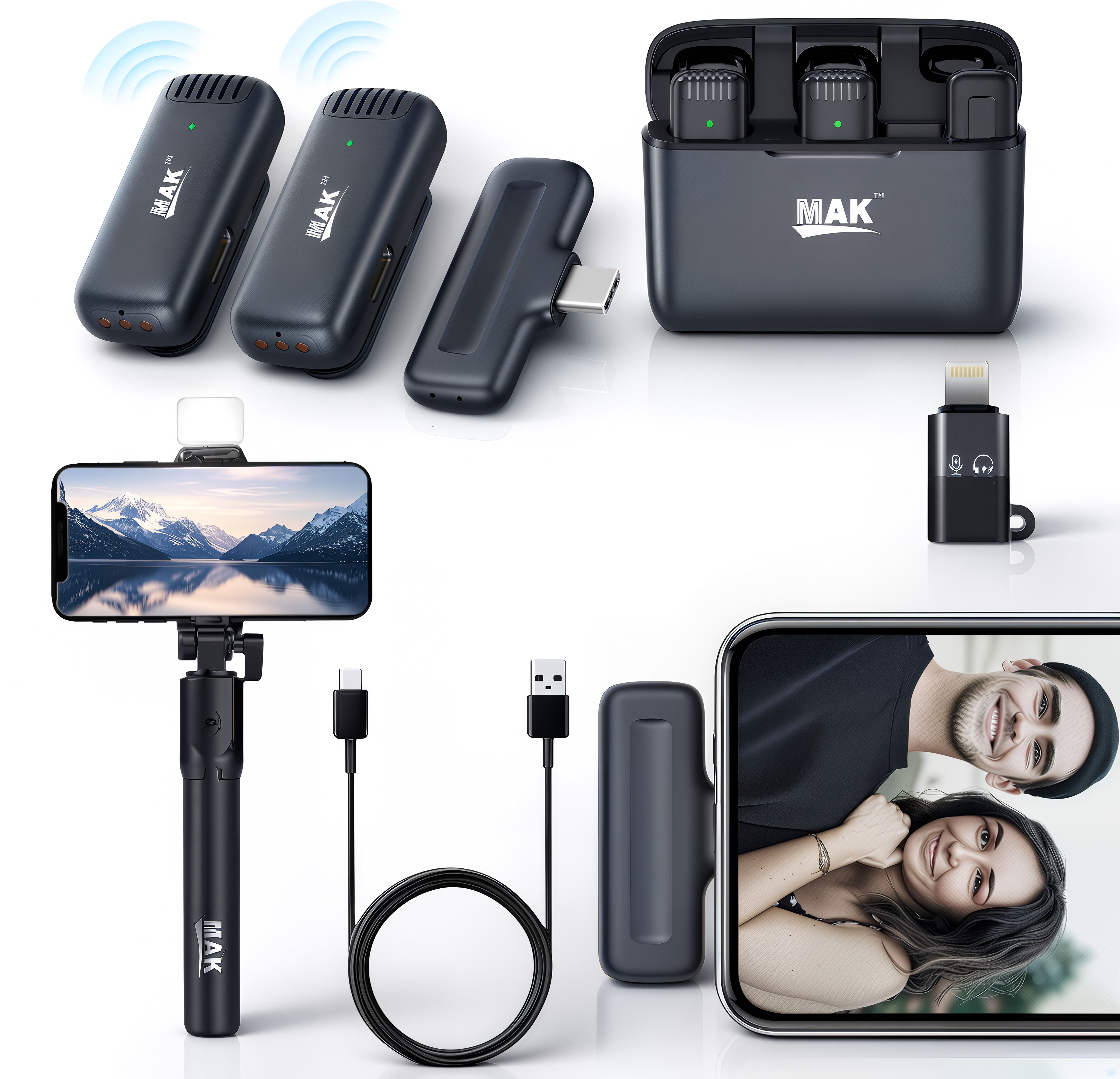 mak Wireless Dual ANC Mic with Case & LED Selfie Stick for Content Creation Microphone-picture-21