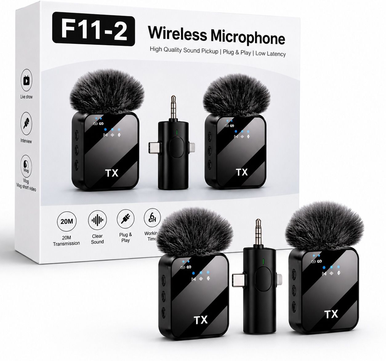 yachyae F11-2 Dual Wireless Microphone 3-in-1 Noise Reduction Mic for Android iPhone Microphone-picture-12
