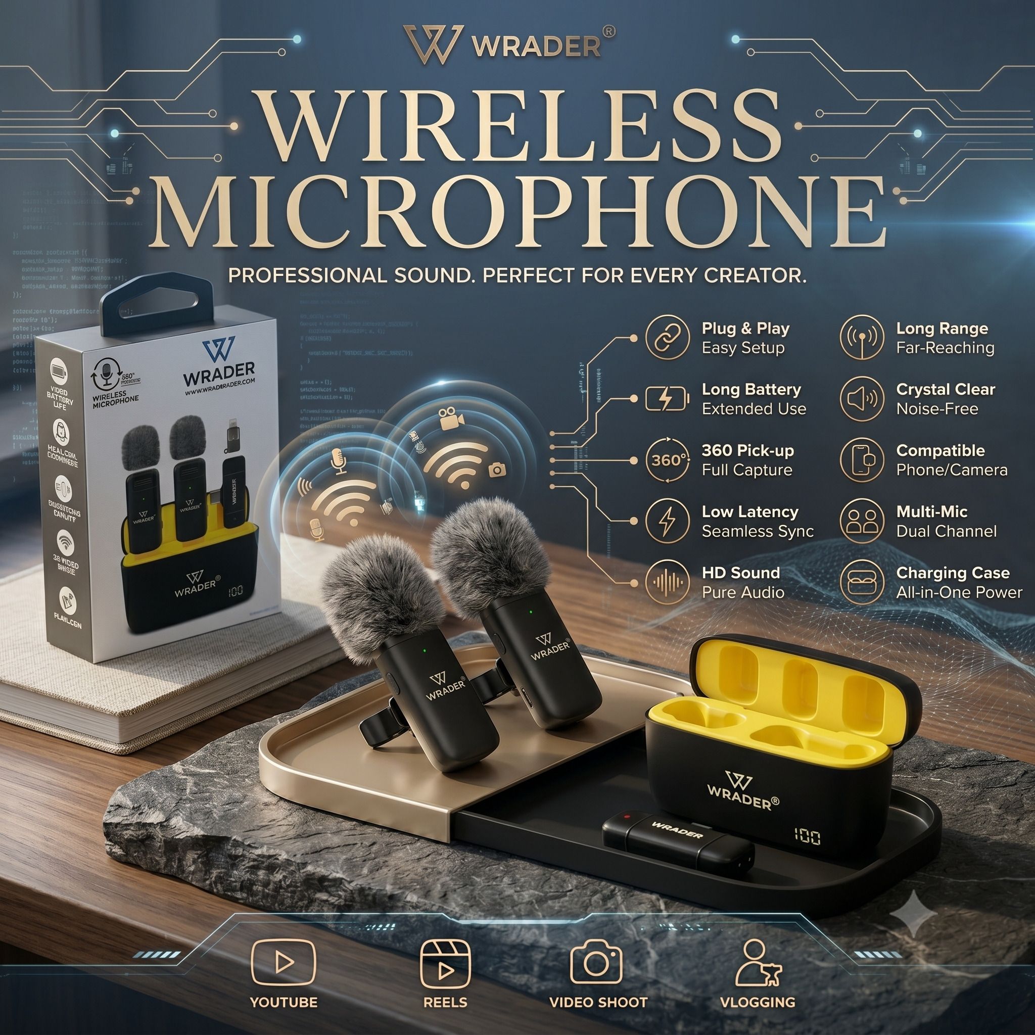 wrader Wireless Mic with Muff Noise Cancelling Mike for Vlogging Video Recording Microphone-picture-10