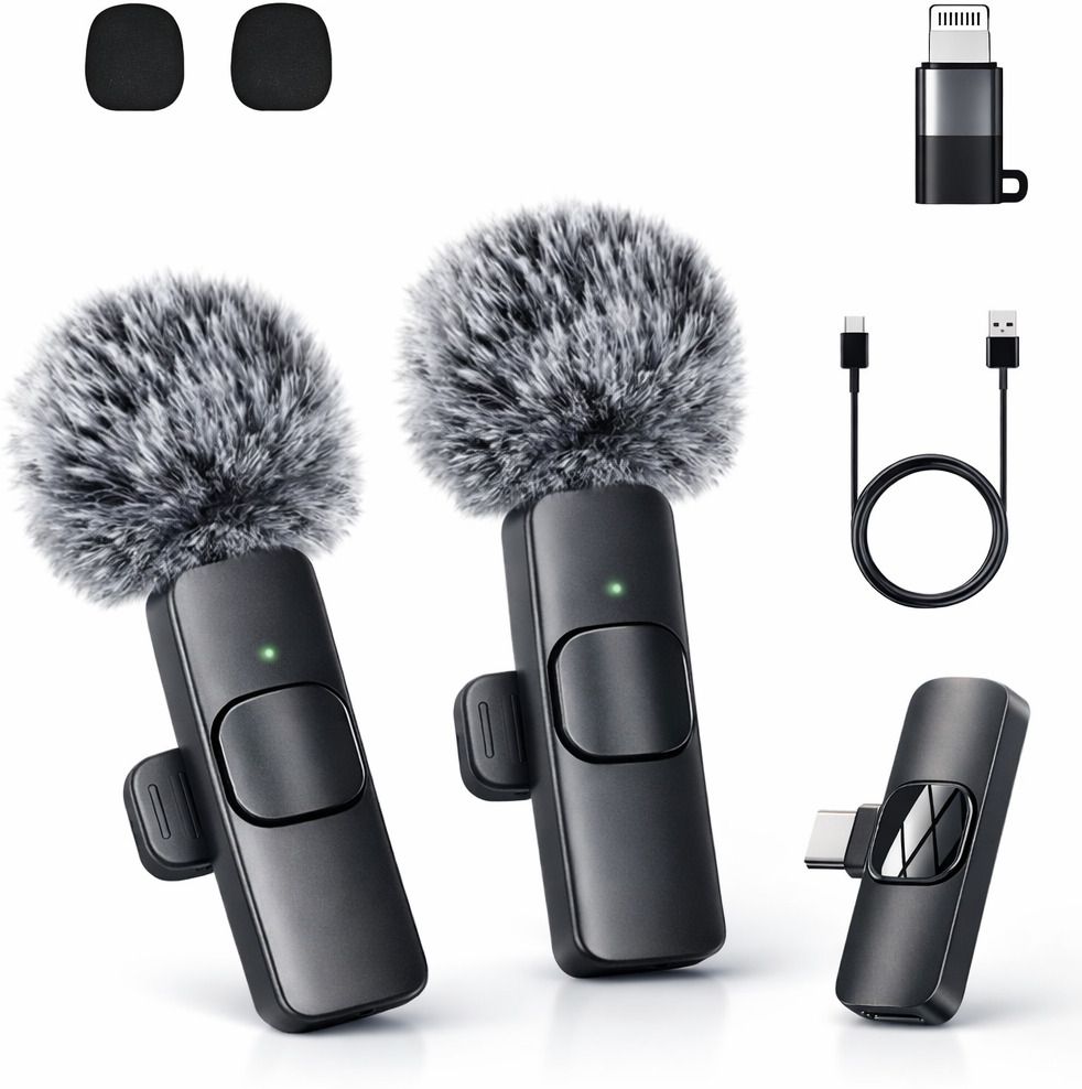 dual portable wireless mic with furr & type-c receiver microphone