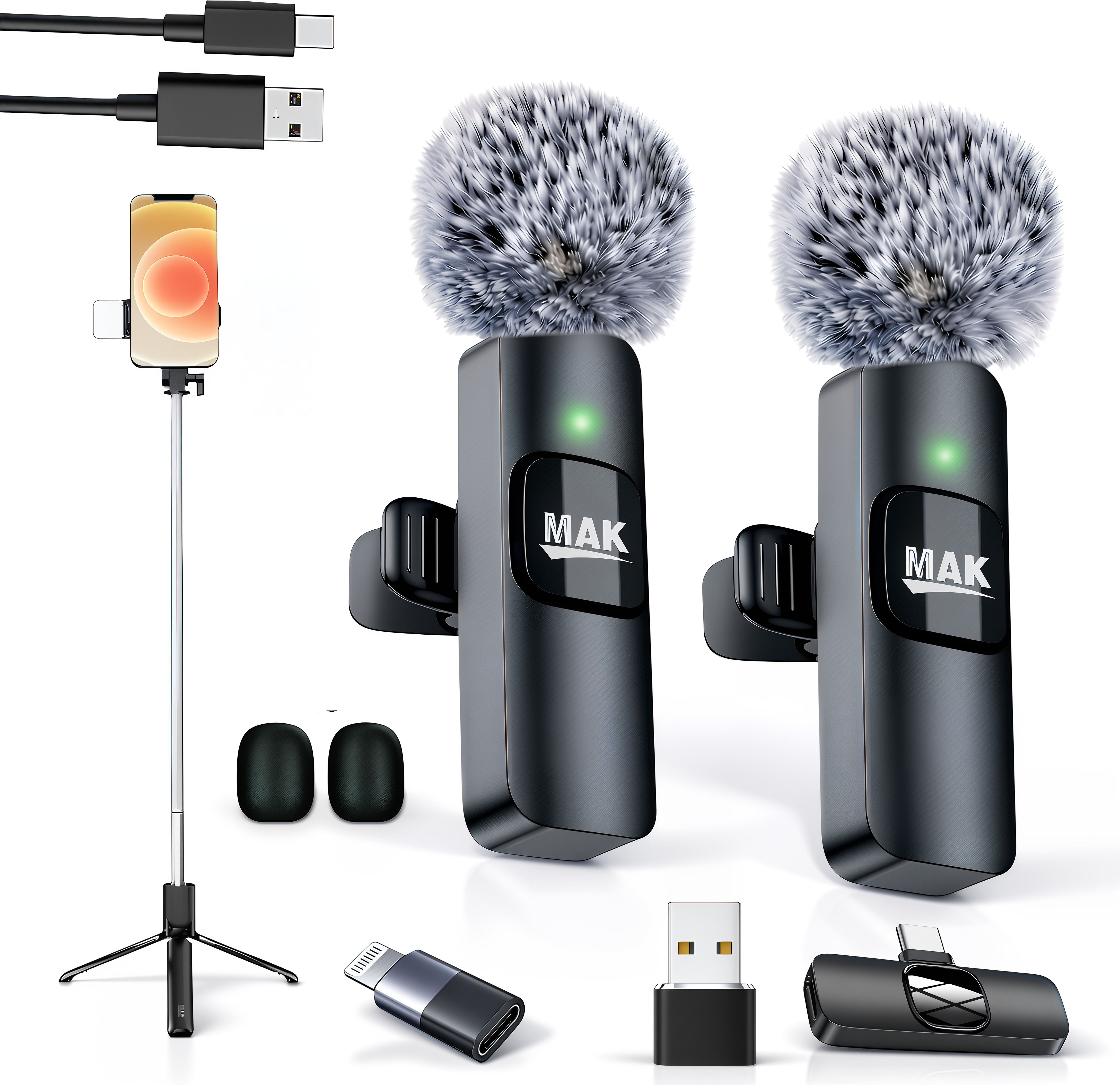 mak Dual Wireless Mic Kit with LED Selfie Stick for Live Streaming Microphone-picture-19