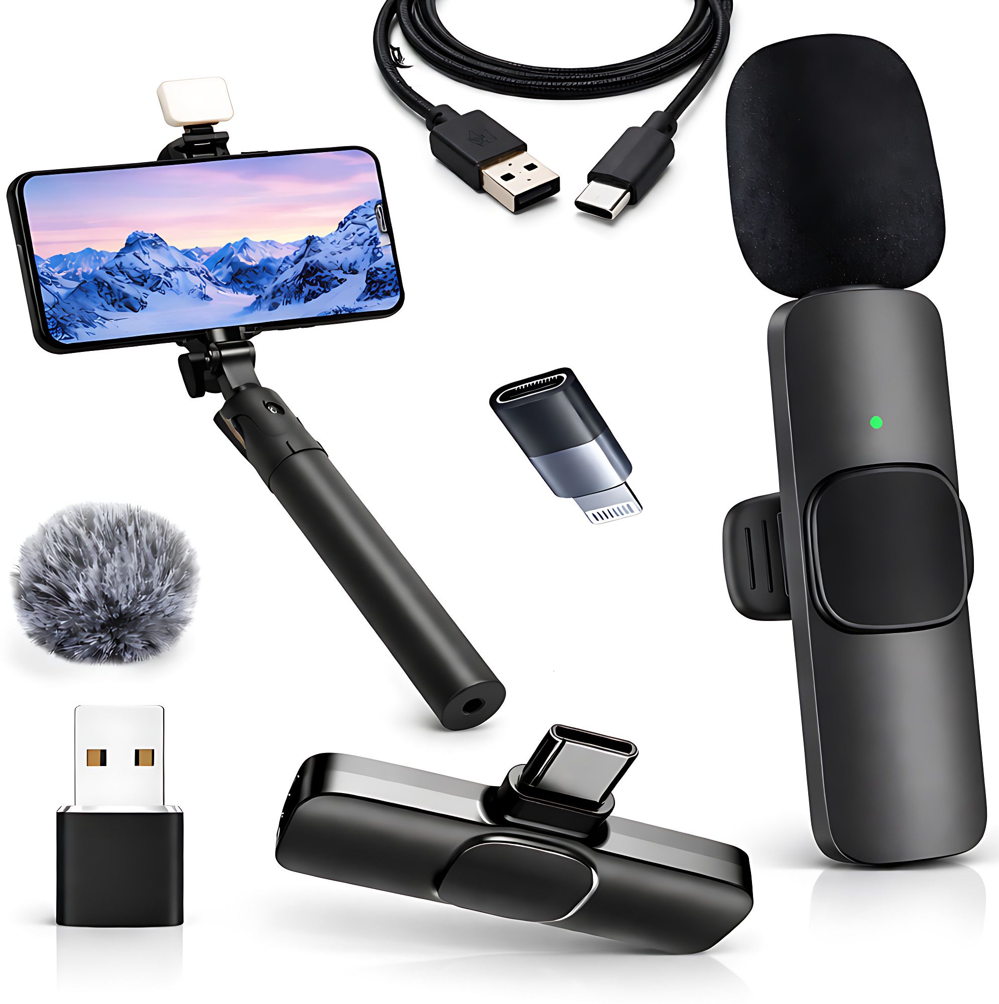 mmak Youtuber Vlogging Kit, Wireless Mic with LED Selfie Stick for Recording Microphone-picture-9