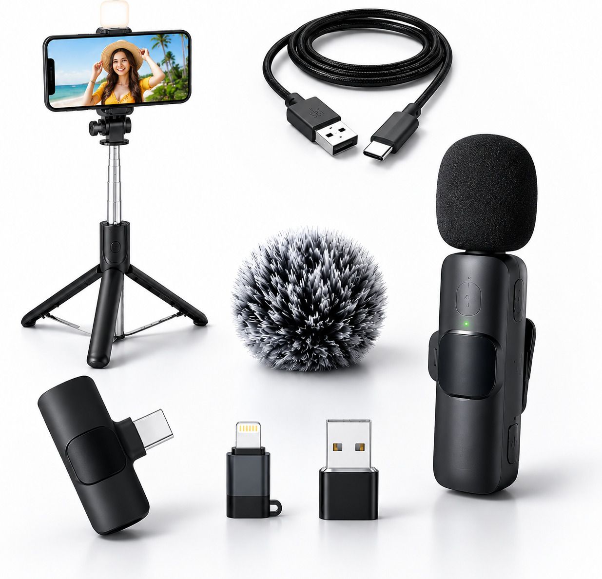 mmak Portable All-in-One Wireless Fur Mic & LED Selfie Stick Combo Kit Microphone-picture-26