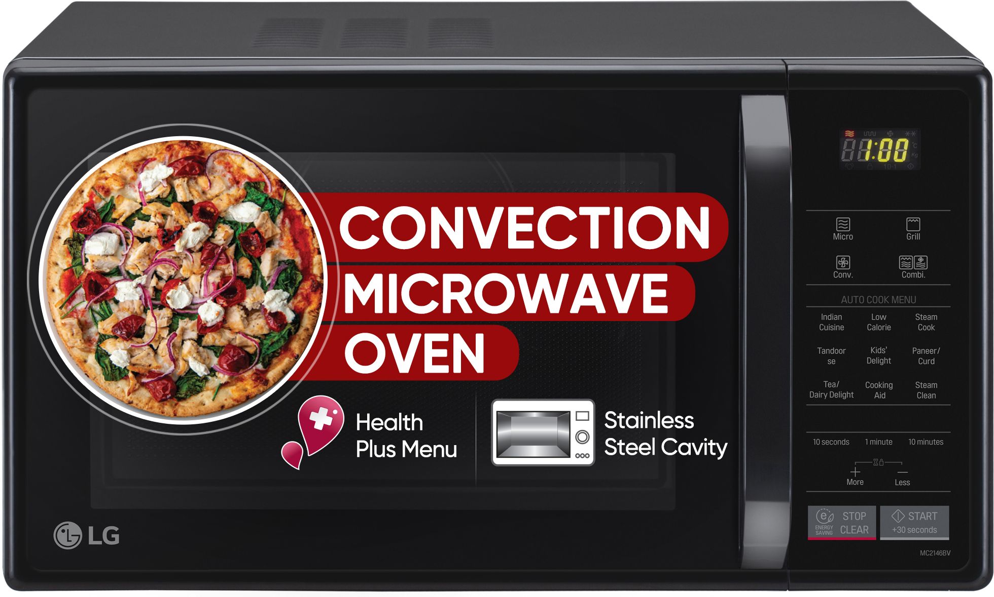 21 L Black, Auto Cook Menu, Defrost, Stainless Steel Cavity, Heathplus menu, Indian Cuisine, Tandoor Se, Paneer/Curd, Steam Clean & Quartz Heater) Convection Microwave Oven