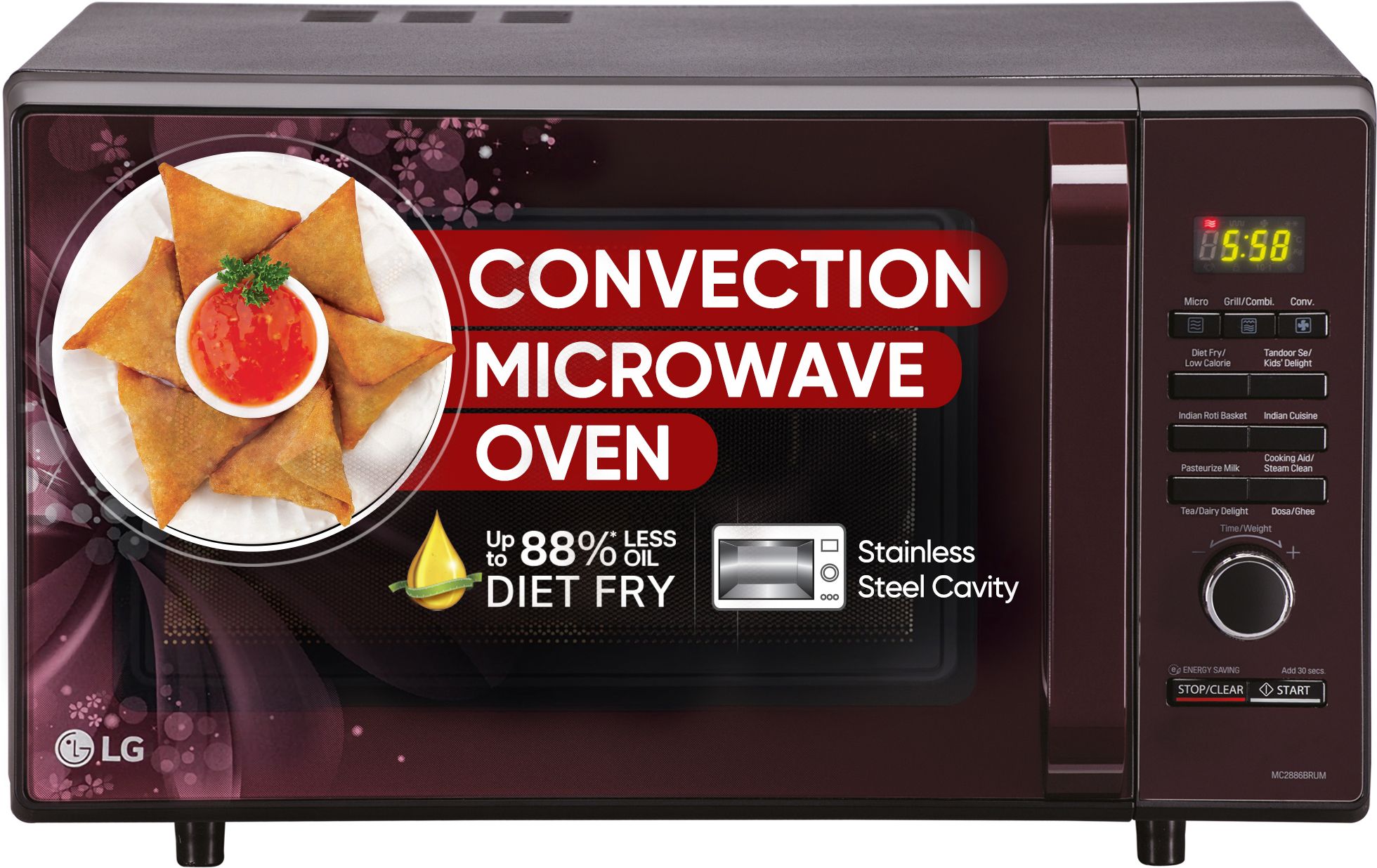 28 L with Diet Fry, Auto Cook Menu, Stainless steel cavity, Pasteurized Milk, 360 degree Motorised Rotisserie for Bar-be-queing, Indian Cuisine, Tandoor Se & Diet Fry Convection Microwave Oven